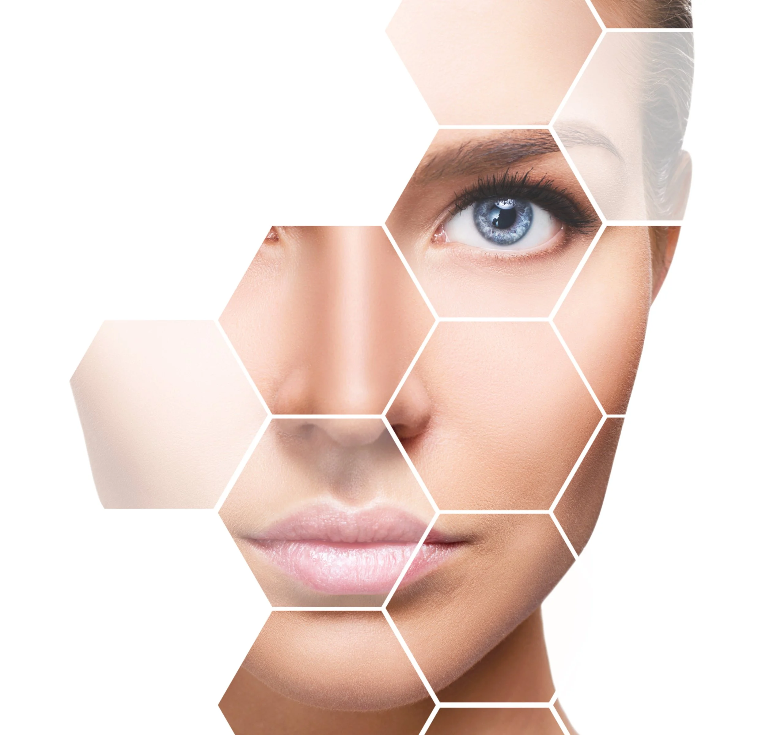 Close-up of a woman's face with hyperrealistic skin, bright blue eye, and pink lips, overlaid with hexagonal grid patterns