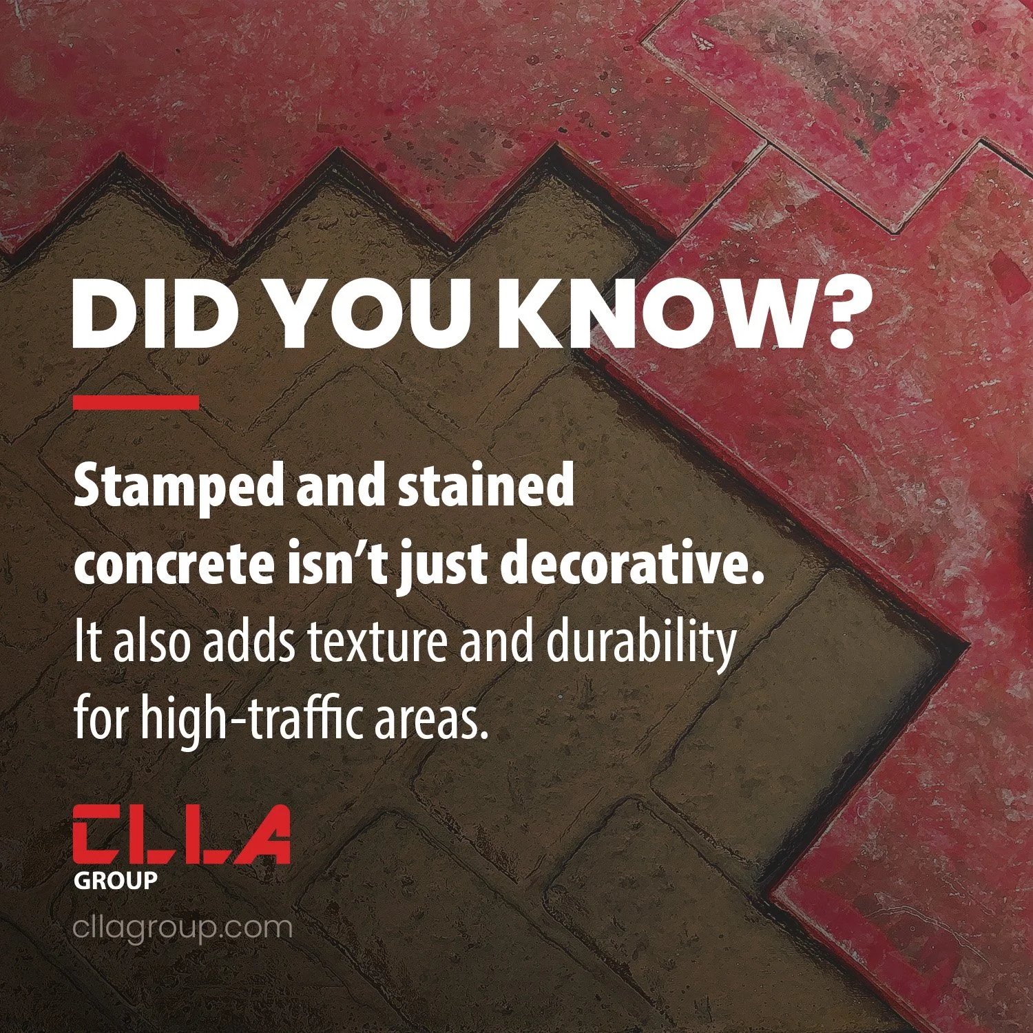 🤔 𝗗𝗜𝗗 𝗬𝗢𝗨 𝗞𝗡𝗢𝗪?

Stamped and stained concrete does more than add visual character to a project. Patterns are pressed into the surface while the concrete is still workable, requiring precise timing and consistent finishing. Once cured, prot