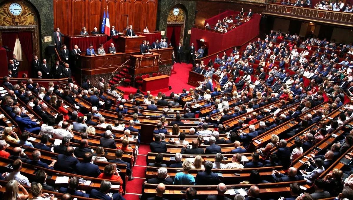 Une assemblée parlementaire with des députés assis dans une grande salle, sous un plafond en bois et drapeaux français.