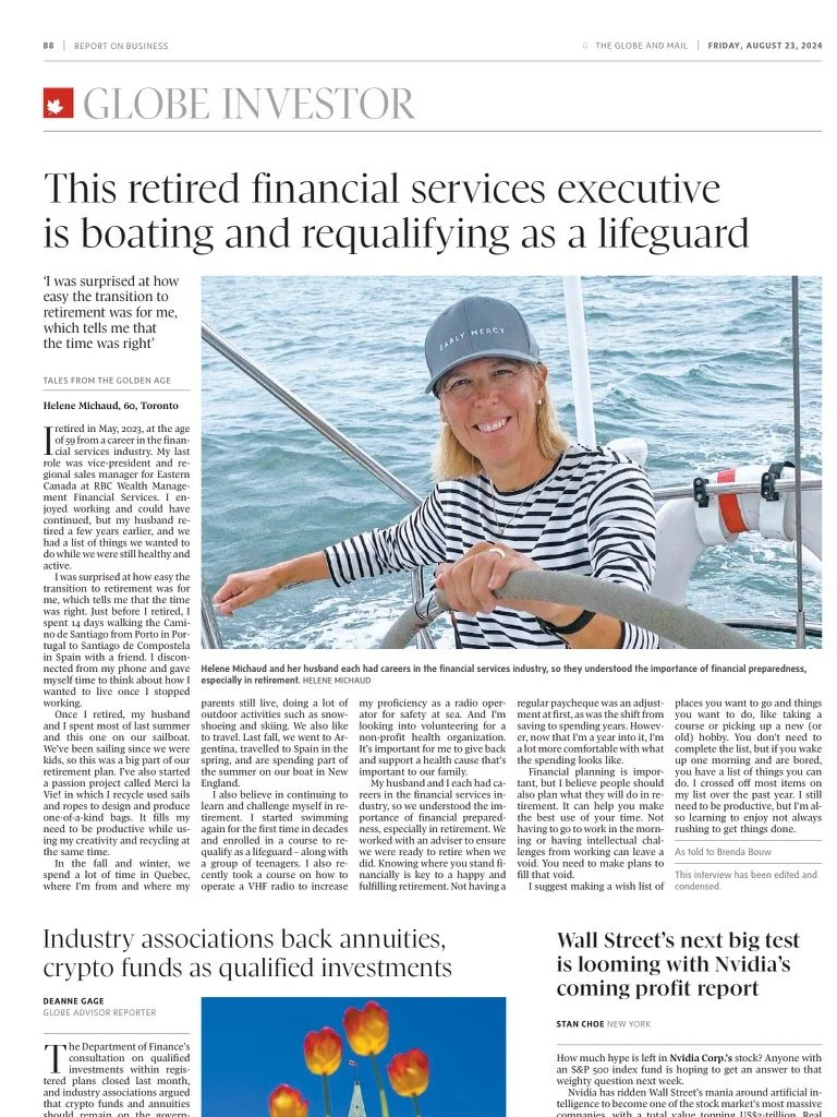 Retired woman on a boat smiling at the camera, wearing a striped shirt and a cap that says 'Early Mercy,' with water in the background.