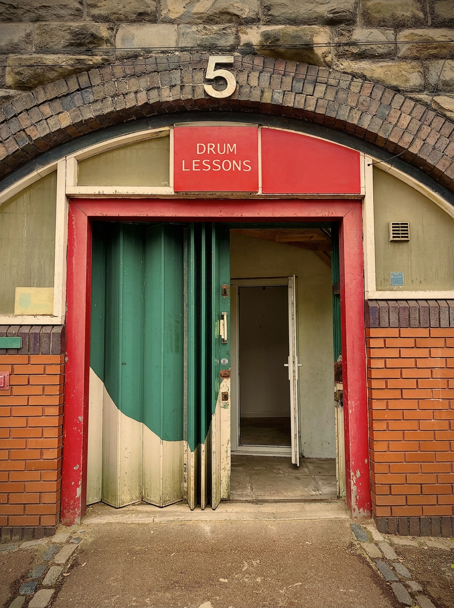 An entrance to a building with a sign that reads 'Drum Lessons.' The doorway is red and green, with a partially open door revealing an interior hallway. The building exterior features brick and stonework around the archway.