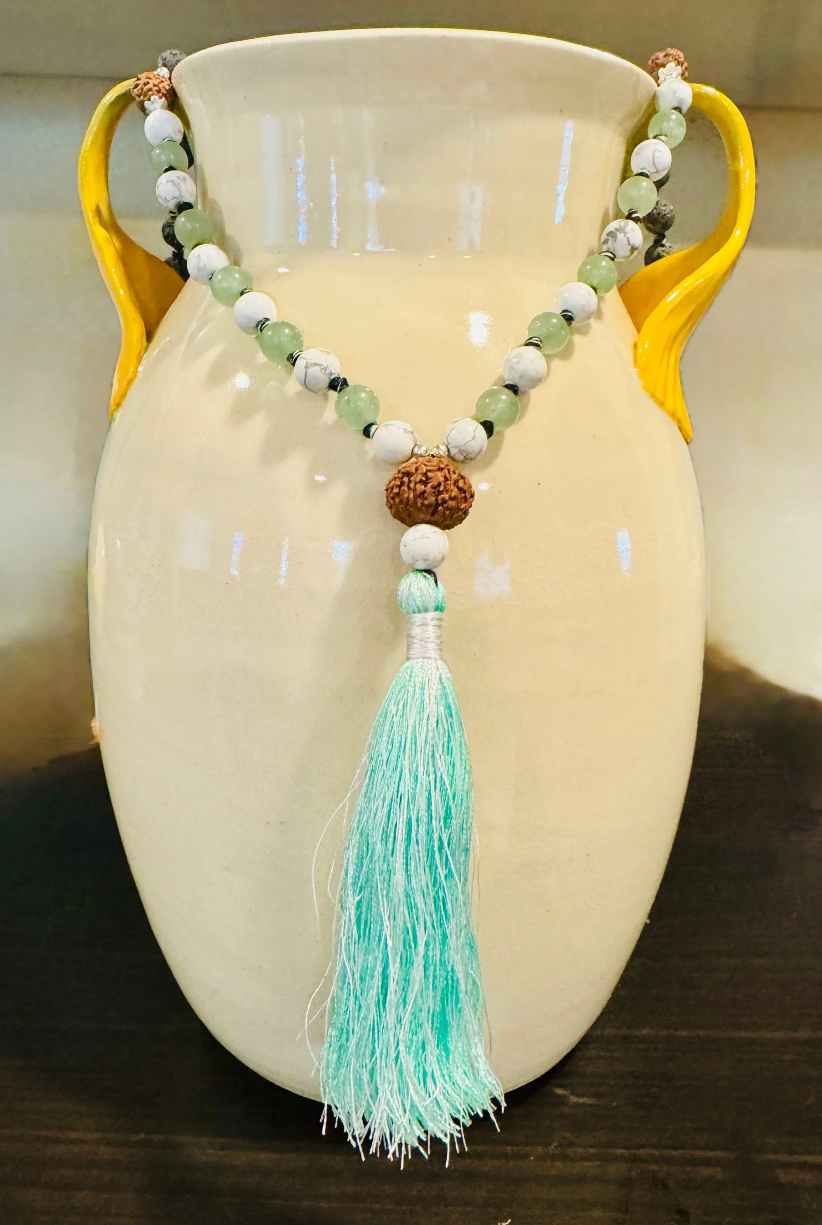 Ground + Heart Balance | Black Lava, Howlite & Green Aventurine Mala | Rudraksha Accents | Calming & Energizing Meditation Beads
