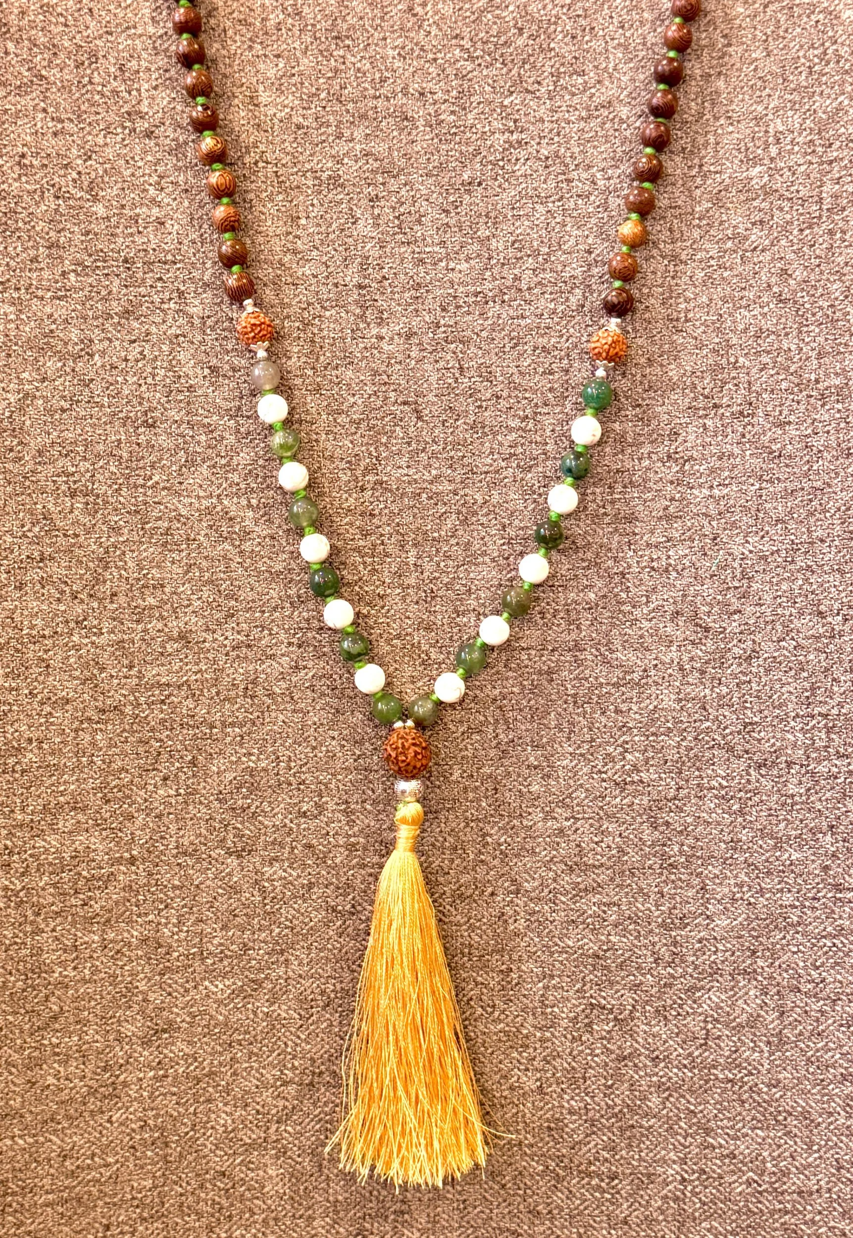 Root + Heart Harmony | Moss Agate, Howlite & Wood Mala | Rudraksha & Om Guru | Grounding & Heart Chakra Meditation Beads