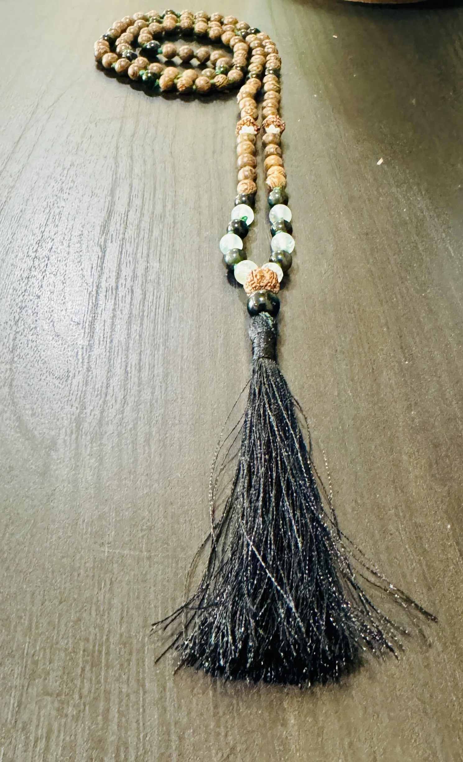 Root + Heart Protection | Wood, Prehnite & Obsidian Mala | Rudraksha Accents | Black Tassel | Grounding & Shielding Meditation Beads