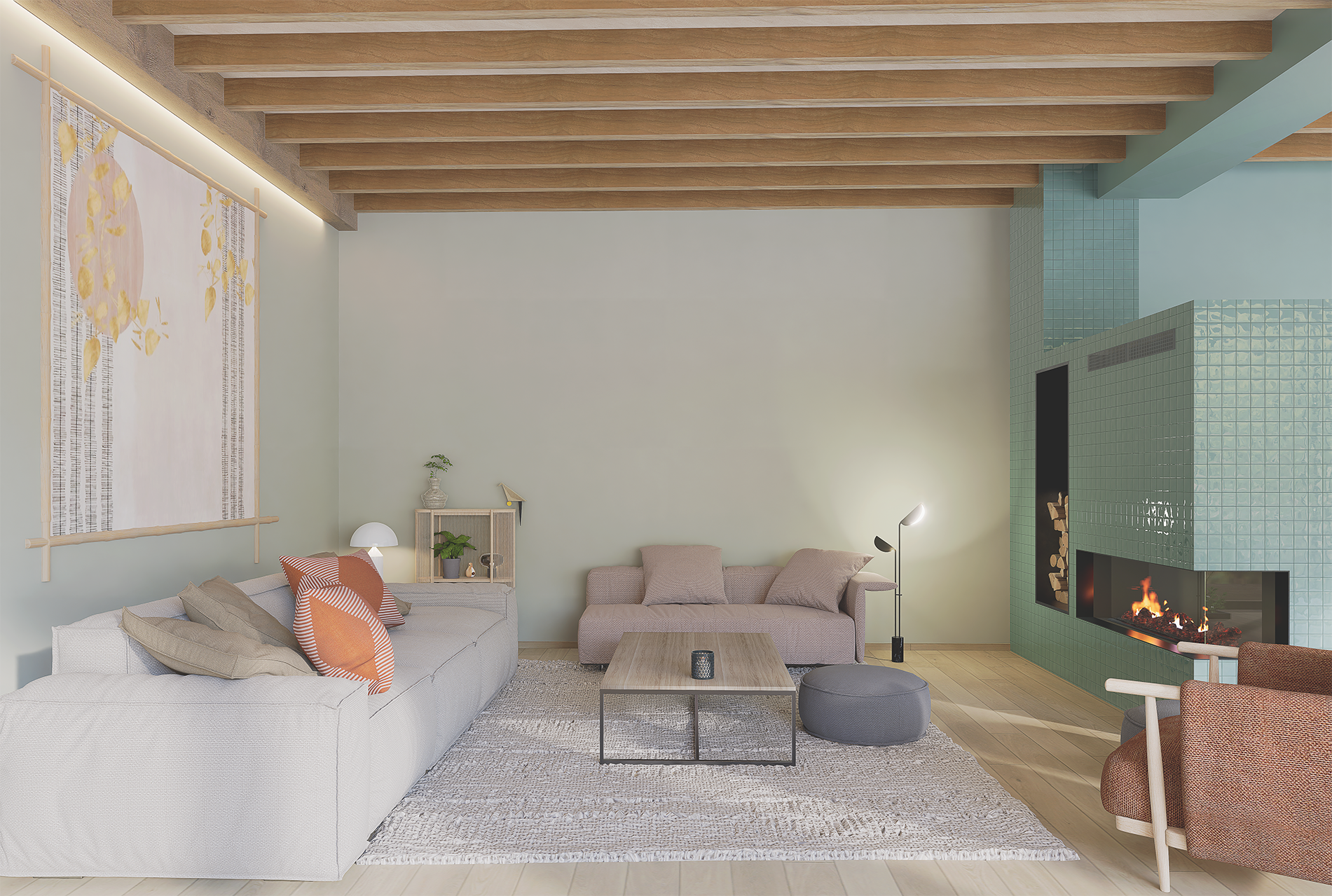 Salon moderne avec canapé beige, tapis clair, cheminée turquoise, fauteuil orange, table basse en bois, lampe lampadaire, décorations végétales, mur avec tapisserie abstraite et plafond en bois.