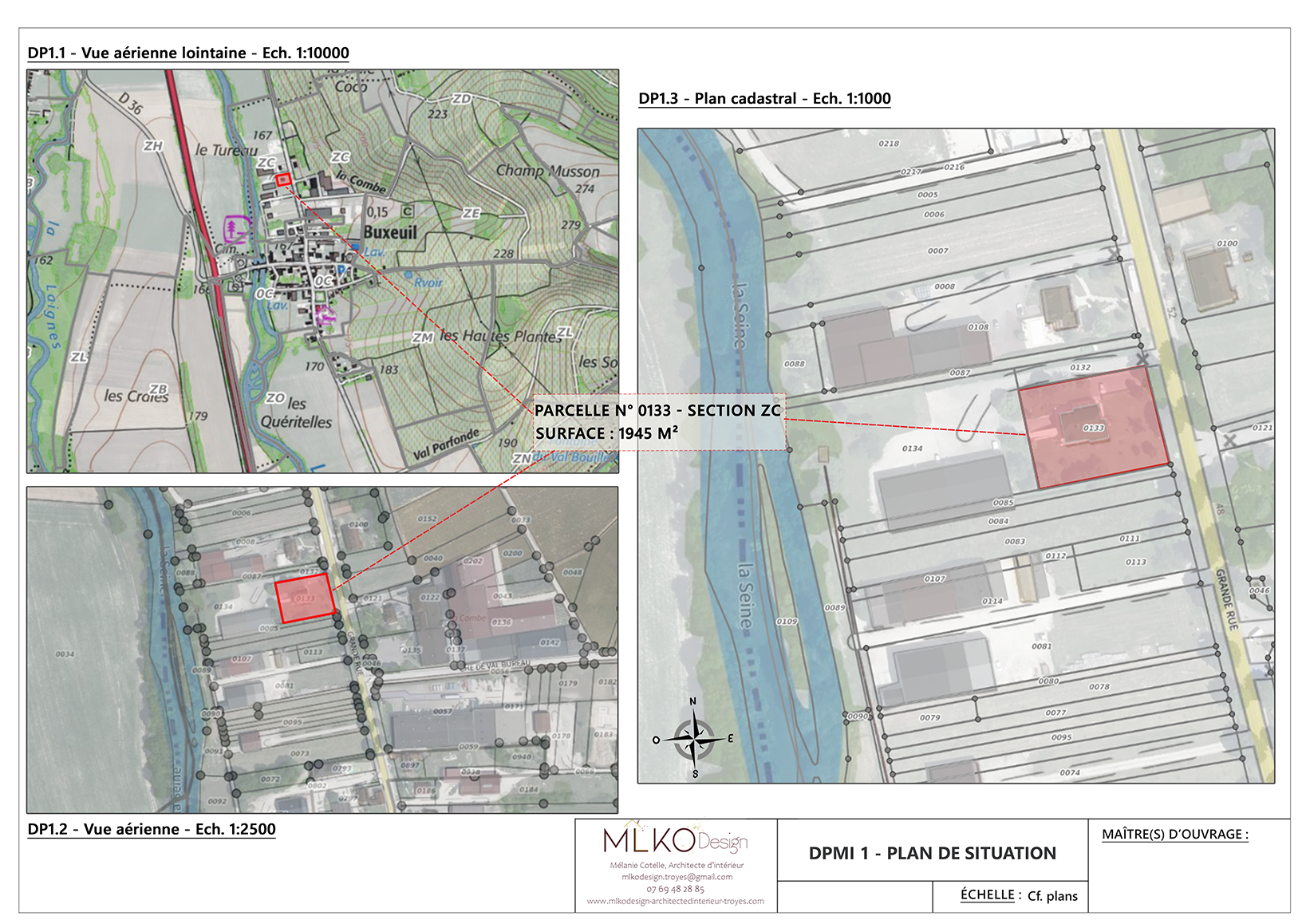 Plan cadastral montrant une section de terrain avec un rectangle rouge indiquant la parcelle n ° 0133, surface de 1945 m², située près de la rivière La Sienne, dans une zone résidentielle avec des bâtiments et des routes environnantes.