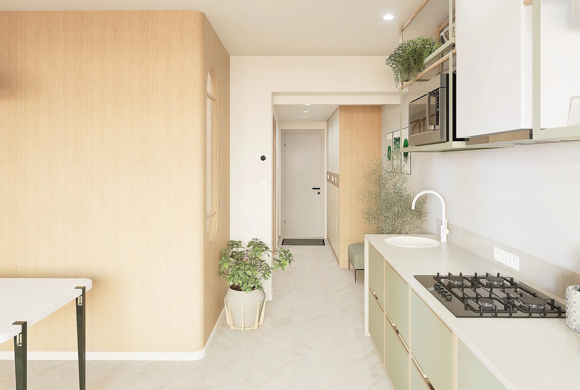 Cuisine moderne avec mur beige, plan de travail blanc, cuisinière à gaz, micro-ondes encastré, étagères avec plantes vertes, petite table avec chaise, porte d'entrée au fond.