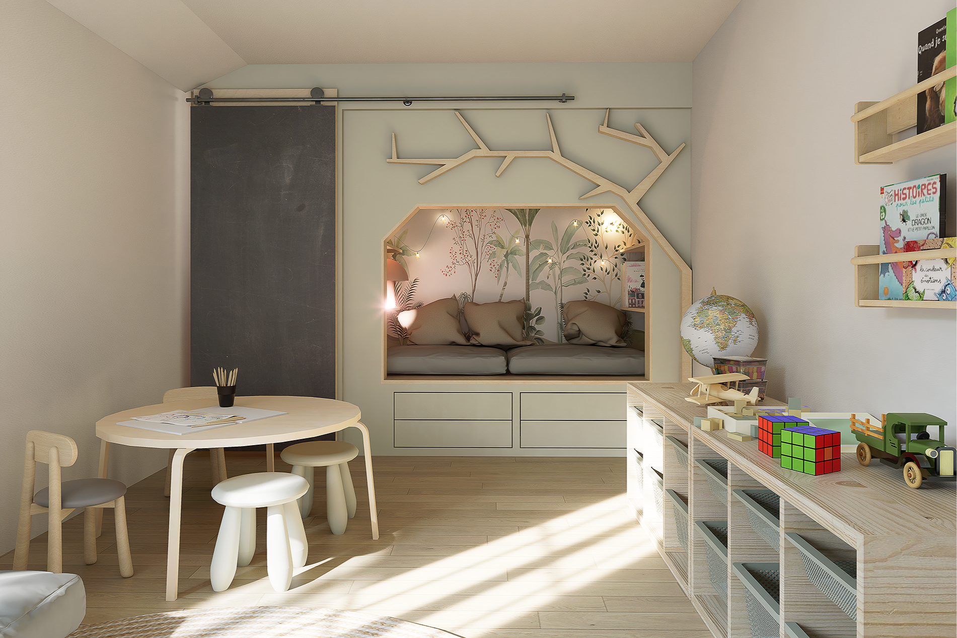 Une pièce d'enfant moderne avec un coin lecture et un mur décoratif avec des livres, une globe terrestre et des jouets en bois.
