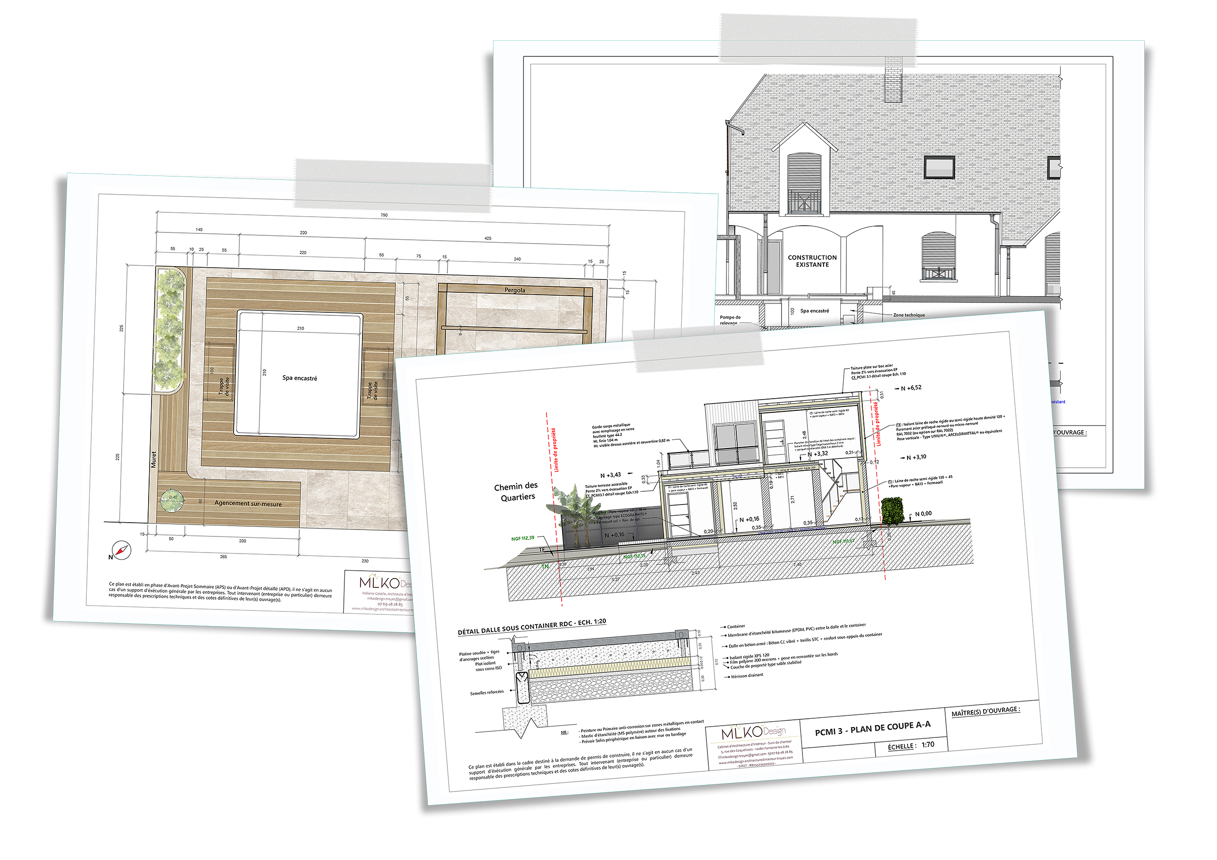 Plans architecturaux pour un projet de construction ou de rénovation d'une maison, incluant un plan de terrasse, une élévation, et une coupe technique.