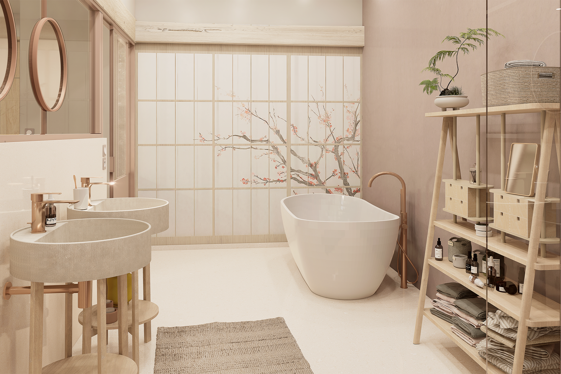 Salle de bain moderne avec deux lavabos, une baignoire blanche, une étagère en bois avec des produits de soin, un tapis en corde et un panneau mural avec un dessin d'arbre.