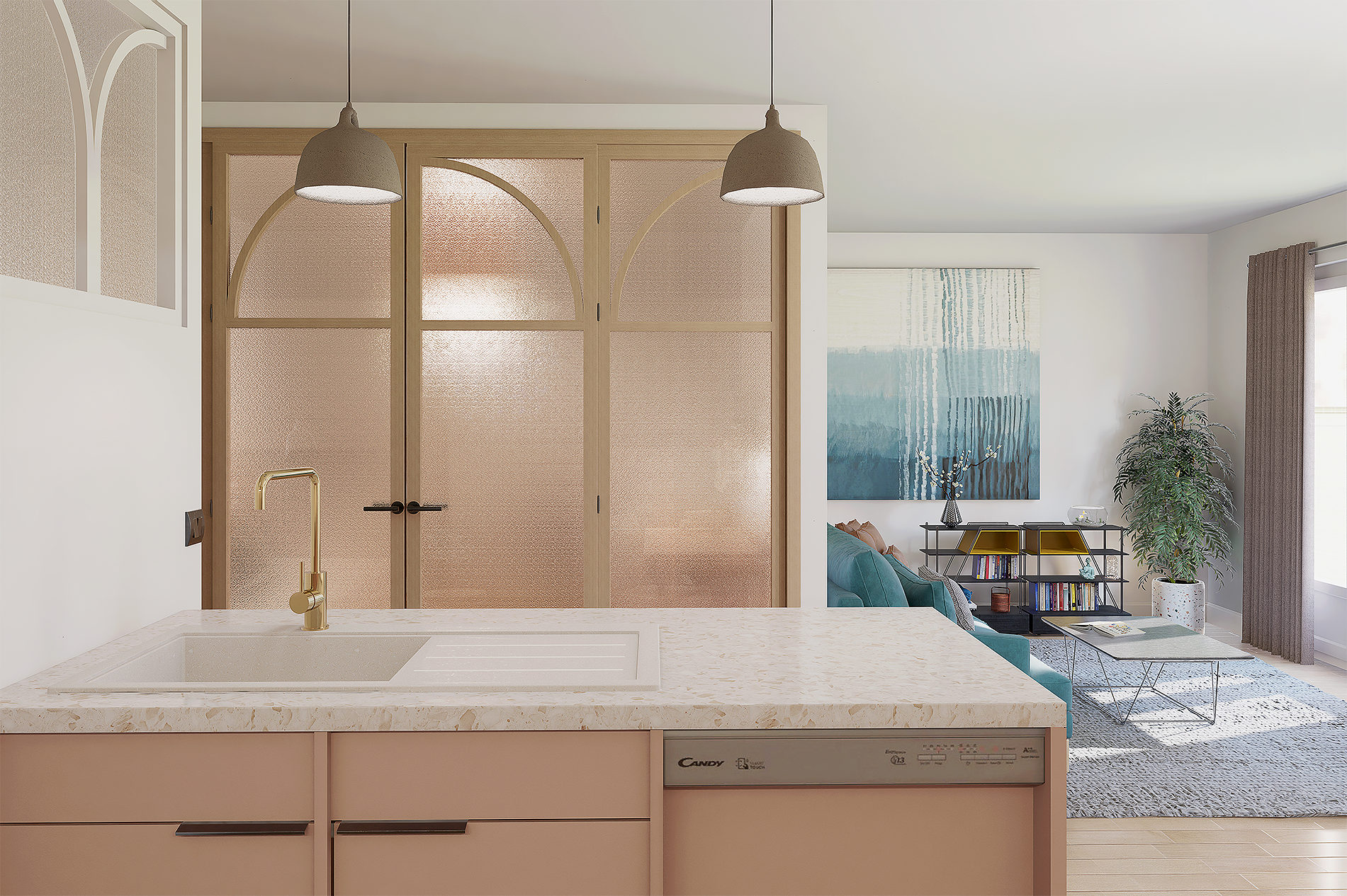 Intérieur de salon et cuisine modernes avec ardoise décorative, grandes fenêtres, canapé bleu, étagère noire avec livres, plante verte, tapis gris, table basse en verre.