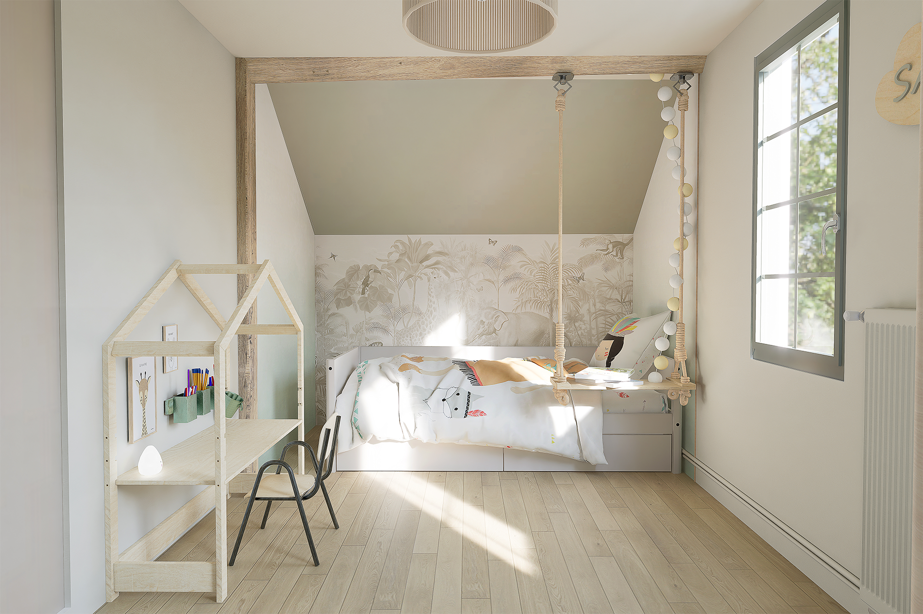 Chambre d'enfant lumineuse avec lit simple, décor nature, pouf ou bibliothèque en forme de maison en bois, mur mural avec motifs d'animaux et de jungle, fenêtre avec vue sur arbres, sol en bois clair, décoration douce et chaleureuse.