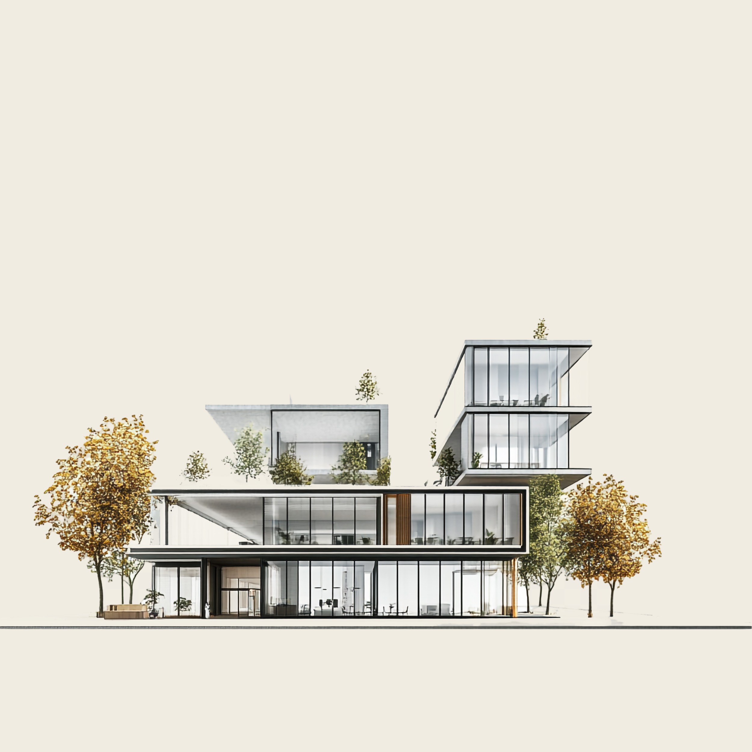 Un bâtiment moderne à plusieurs étages avec de grandes baies vitrées, entouré d'arbres aux feuilles d'automne.