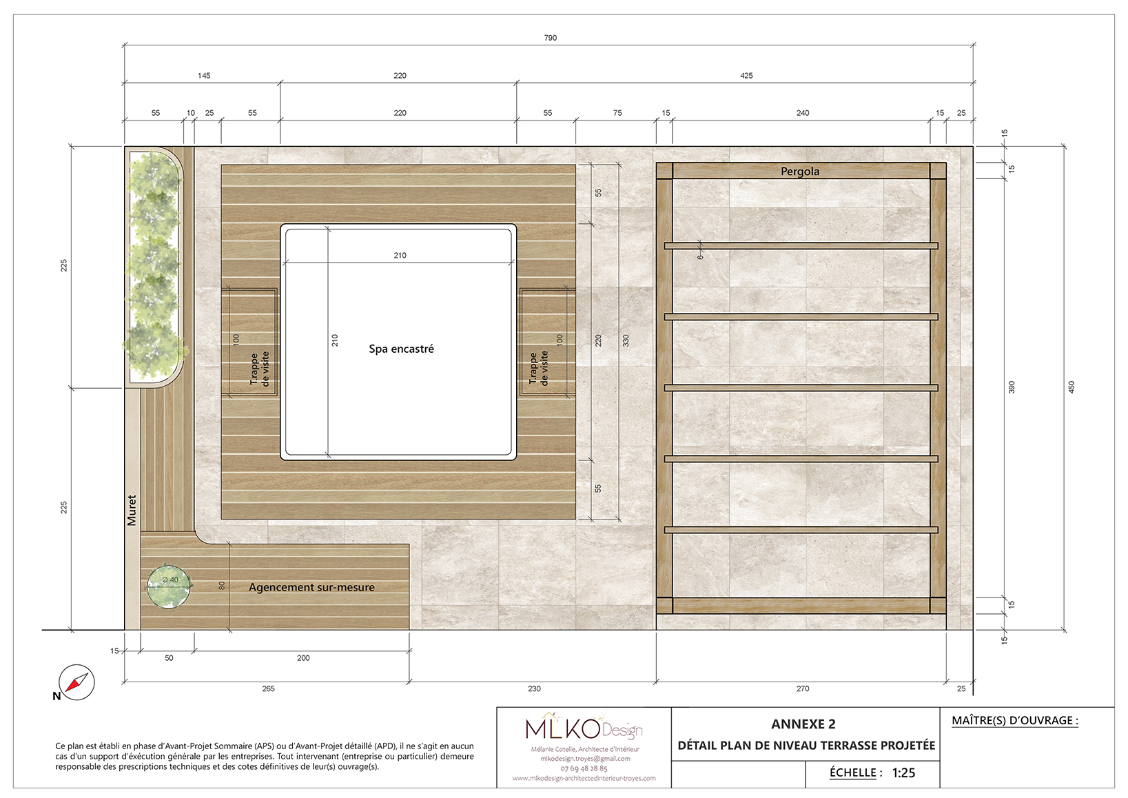 Plan détaillé d'une terrasse avec une piscine encastrée, une pergola, des étagères en bois, un muret végétal, et des zones de revêtement en bois et en carrelage, avec des mesures en millimètres.