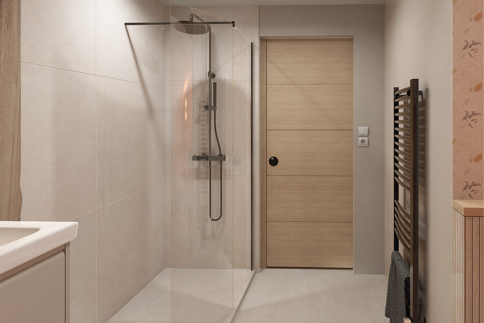 Salle de bain moderne avec douche en verre, porte en bois, et radiateur noir