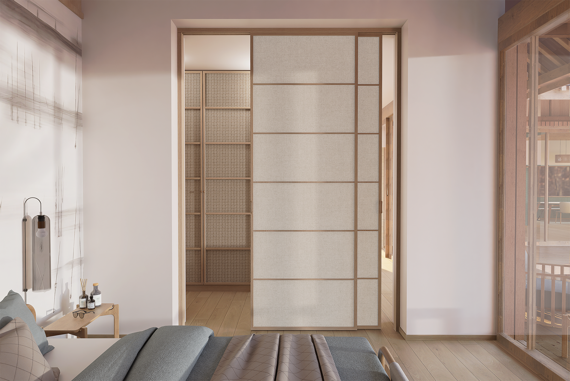 Chambre moderne avec cloison en bois et tissu, lit en gris, petite table de nuit avec lampes et articles déco, vue sur un balcon en bois.