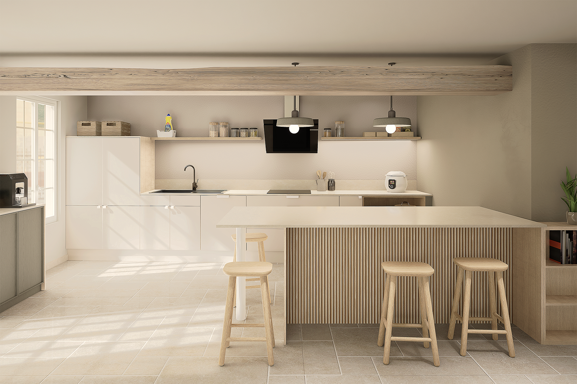 Cuisine moderne et minimaliste avec comptoir en bois, trois tabourets, et des armoires blanches, éclairée par deux suspensions et ensoleillée par une fenêtre.