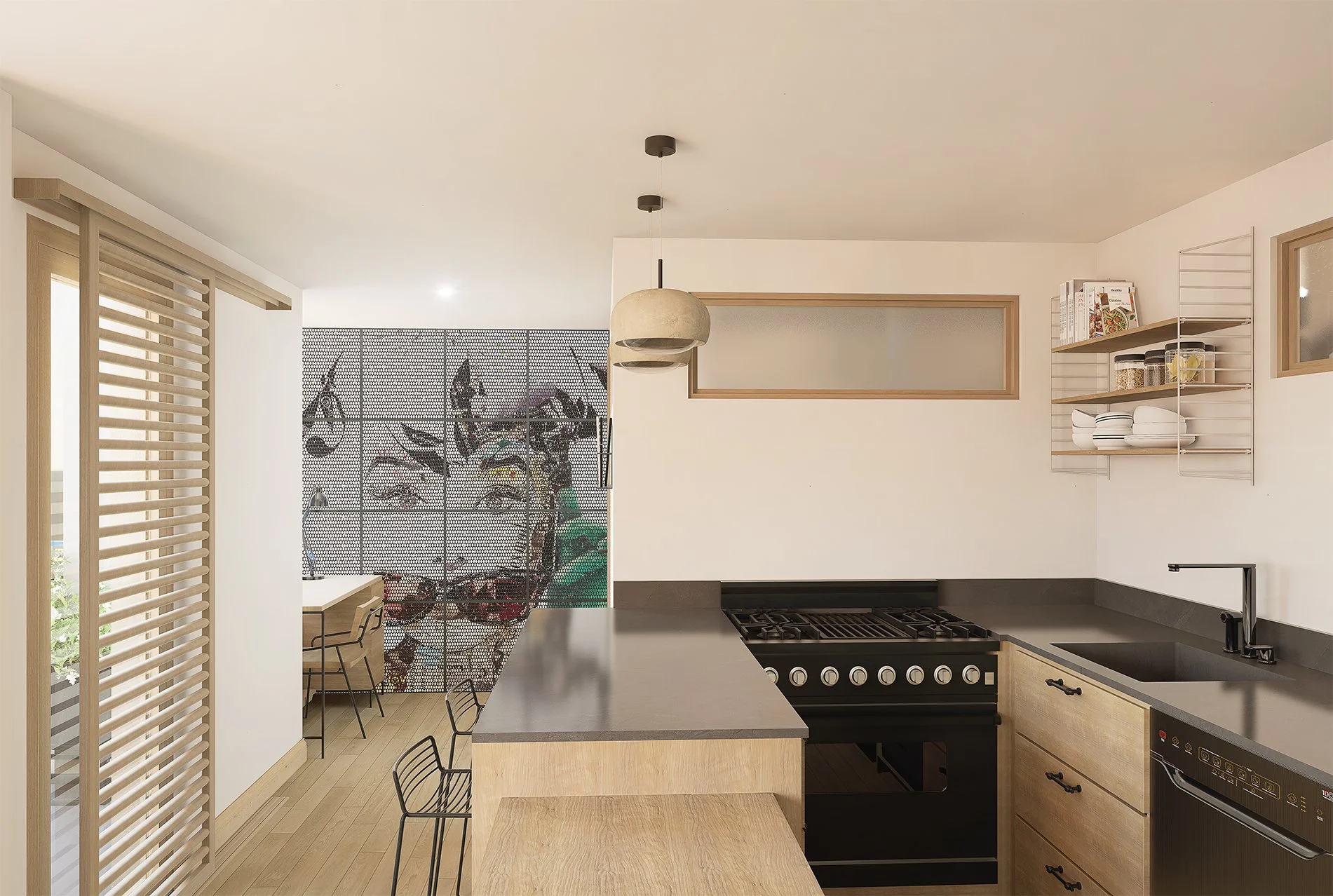 Cuisine moderne avec comptoir en bois, plaque de cuisson noire, évier noir, étagère en métal blanc avec vaisselle et livres, décor minimaliste, porte en bois, lumière suspendue au plafond, espace dinatoire en arrière-plan.