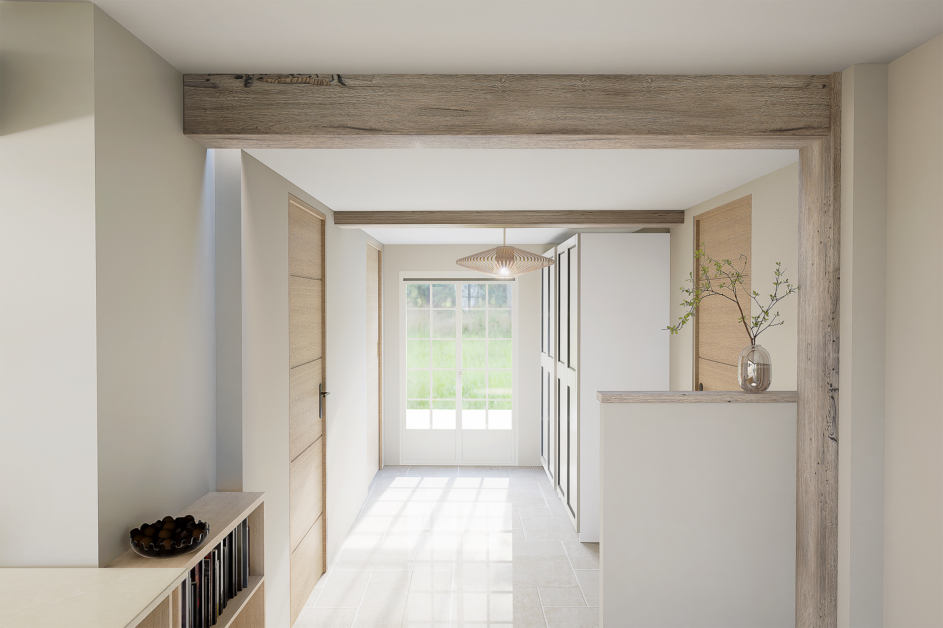Intérieur lumineux d'une entrée avec portes en bois, fenêtres et décoration simplicity.