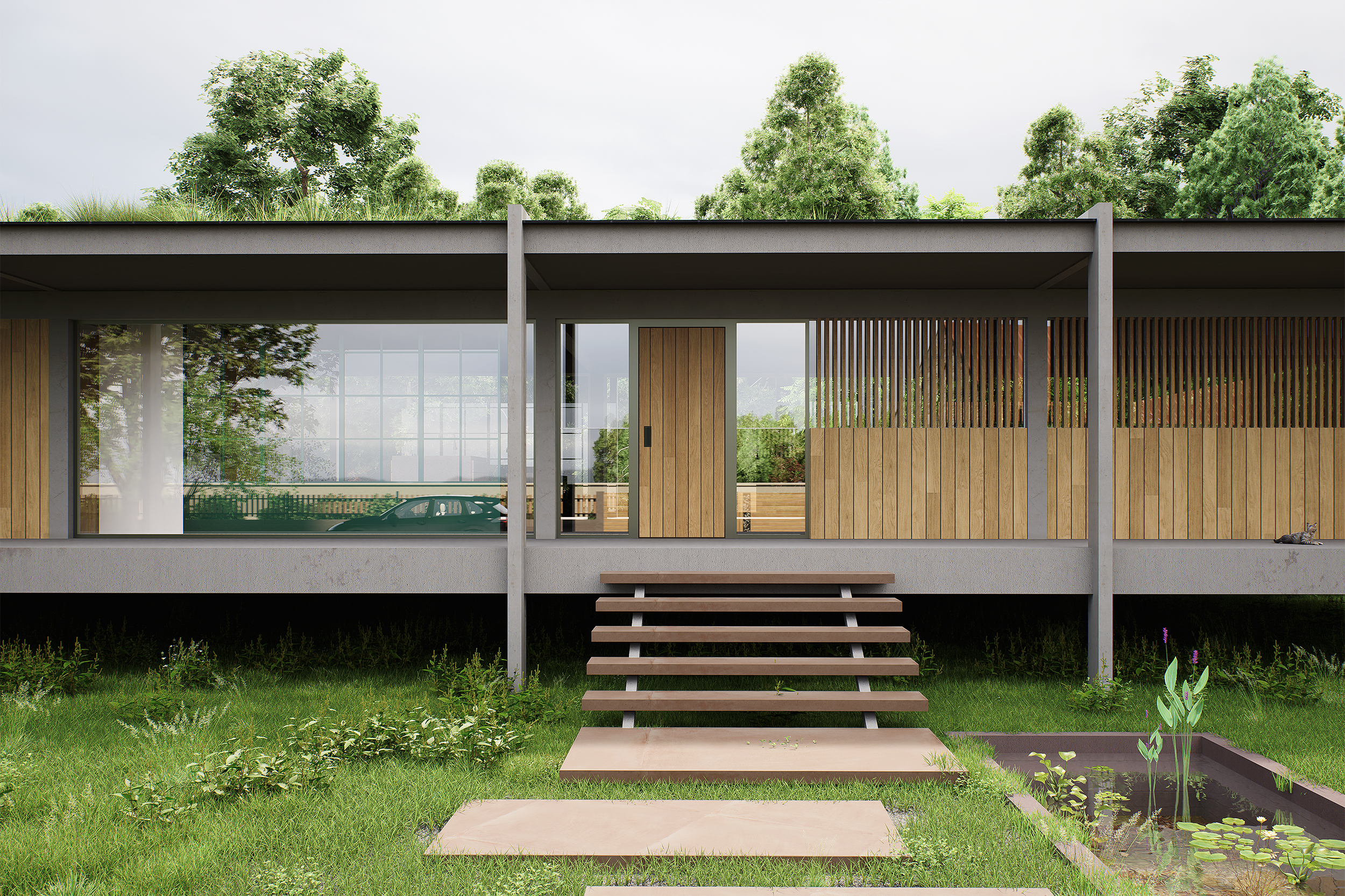 Vue frontale d'une maison moderne avec un escalier en bois menant à une terrasse surélevée, entourée d'un jardin verdoyant avec un étang et des plantes aquatiques.