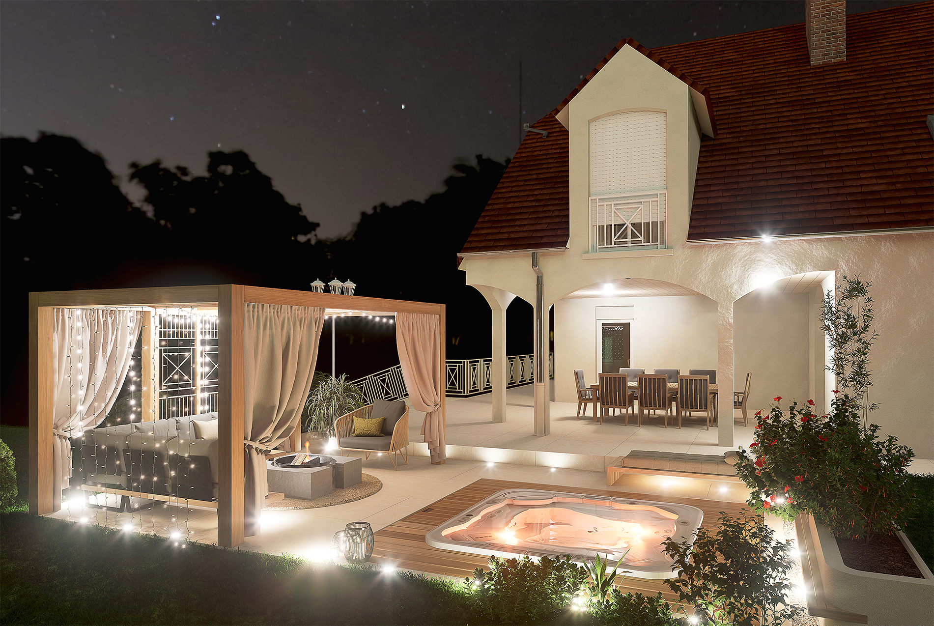 Terrasse de maison de nuit avec jacuzzi, espace détente avec canapé et rideau lumineux, et salle à manger extérieure.