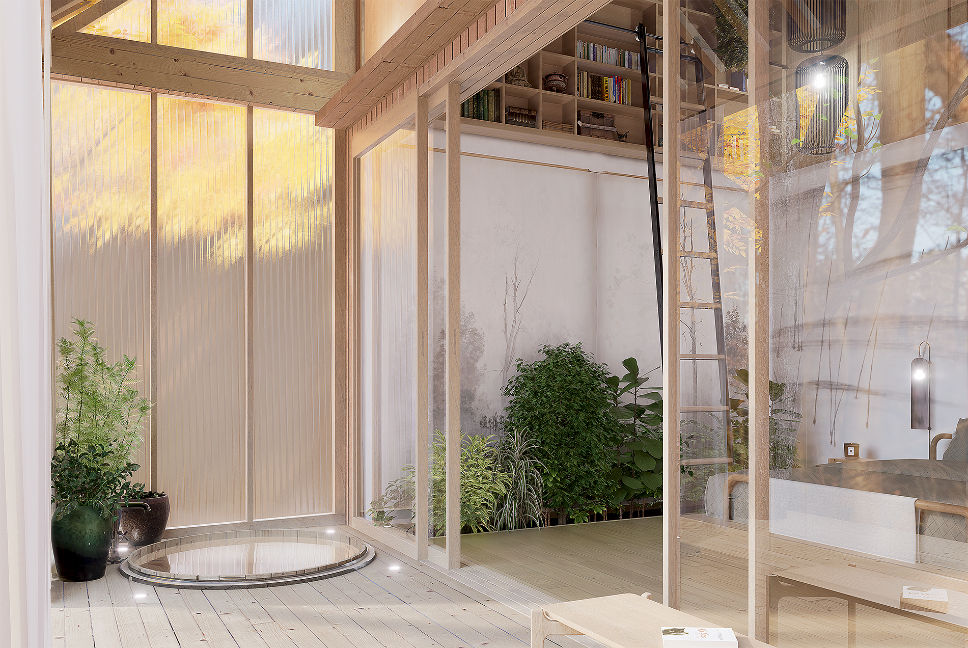 Intérieur moderne avec jardin d'intérieur, plantes vertes, ladder, bibliothèque en hauteur, et espace salon lumineux avec grandes fenêtres.