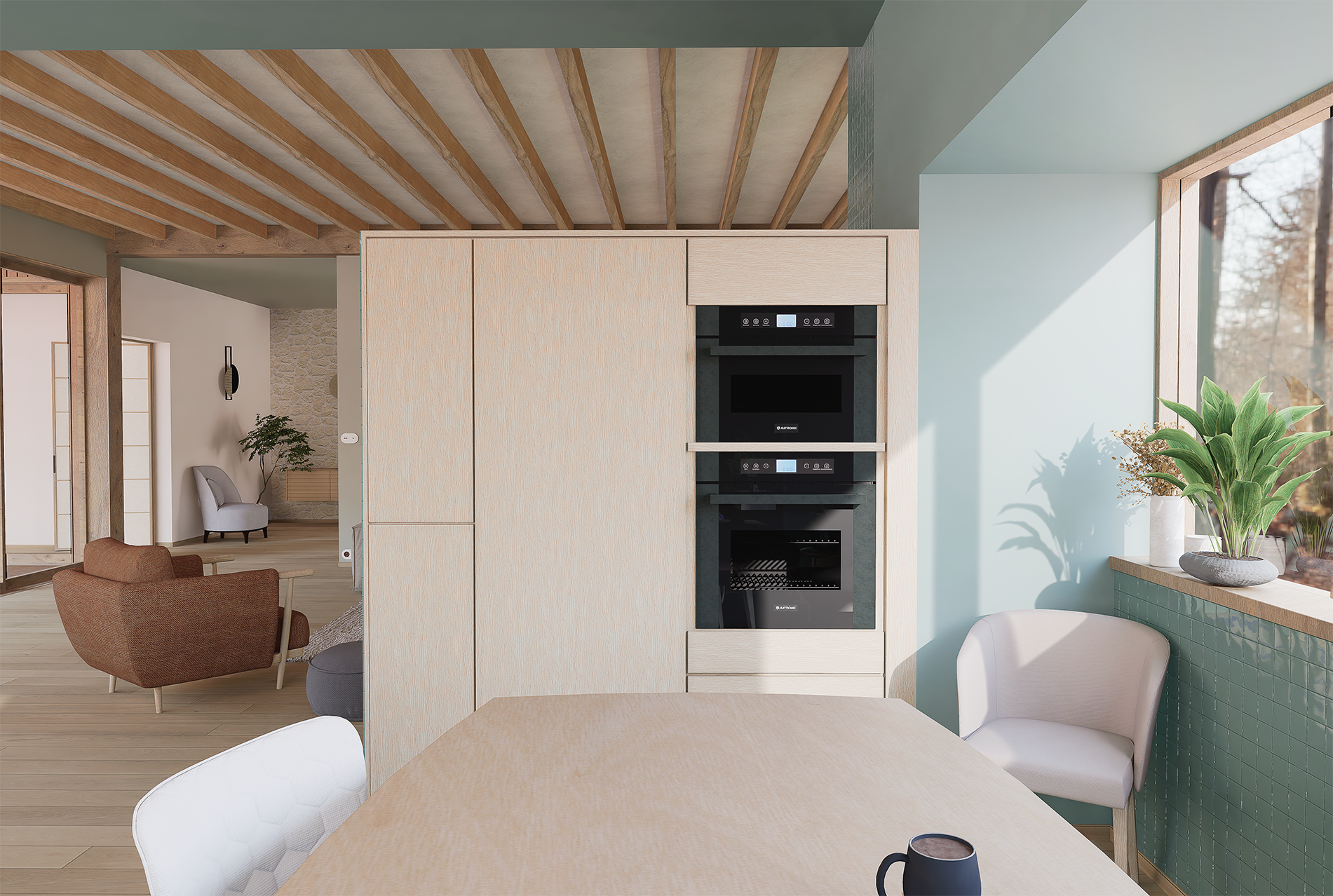 Cuisine moderne avec murs pastel, fenêtres avec vue sur un jardin, et appareils encastrés dans un meuble en bois clair.