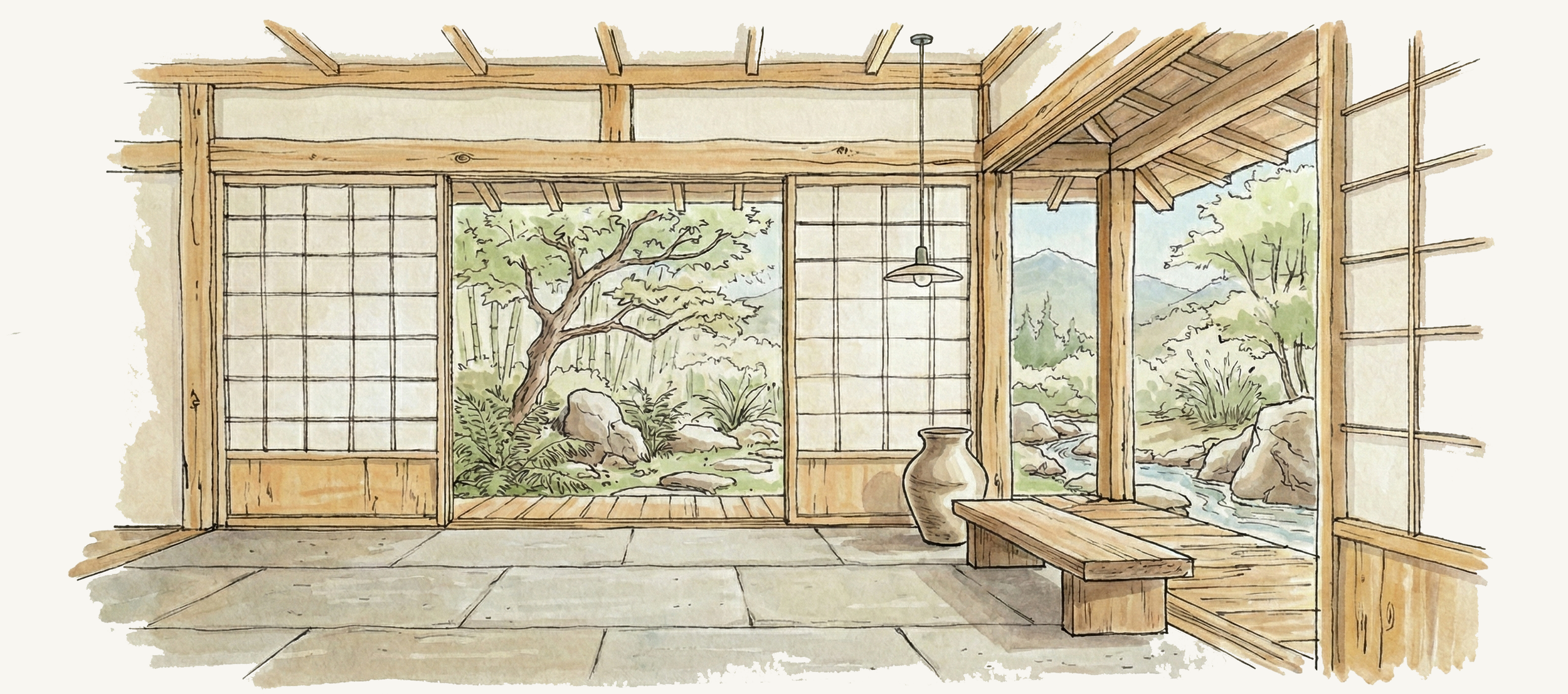 Vue intérieure d'une pièce avec des murs en bois et des fenêtres donnant sur un jardin avec un arbre, des rochers et une rivière, dans un style artistique aquarelle.