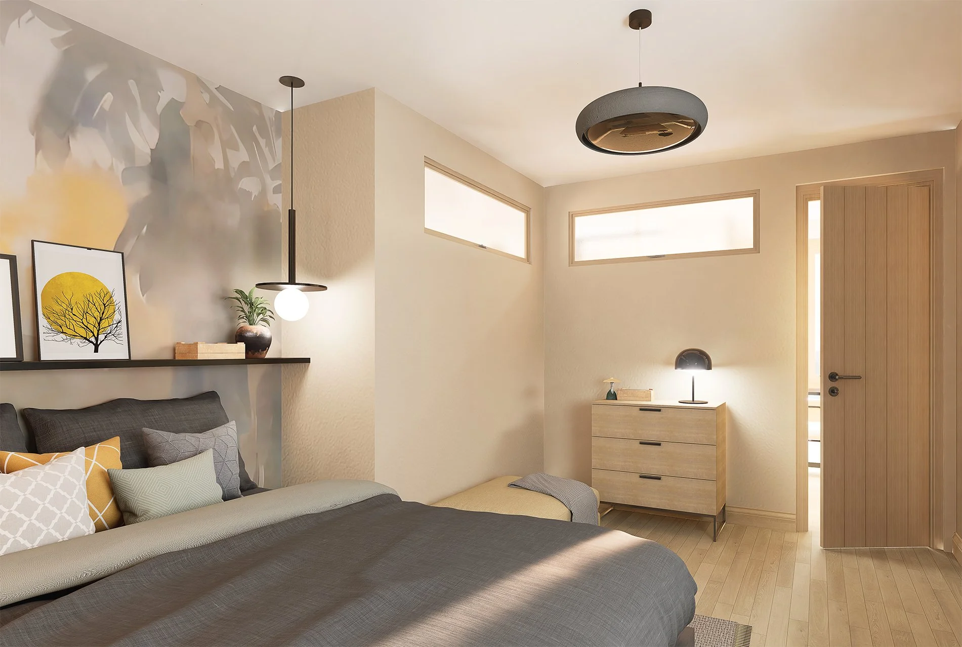 Chambre moderne avec lit, oreillers, luminaire de table, porte en bois et fenêtres hautes, décor épuré et lumineux.