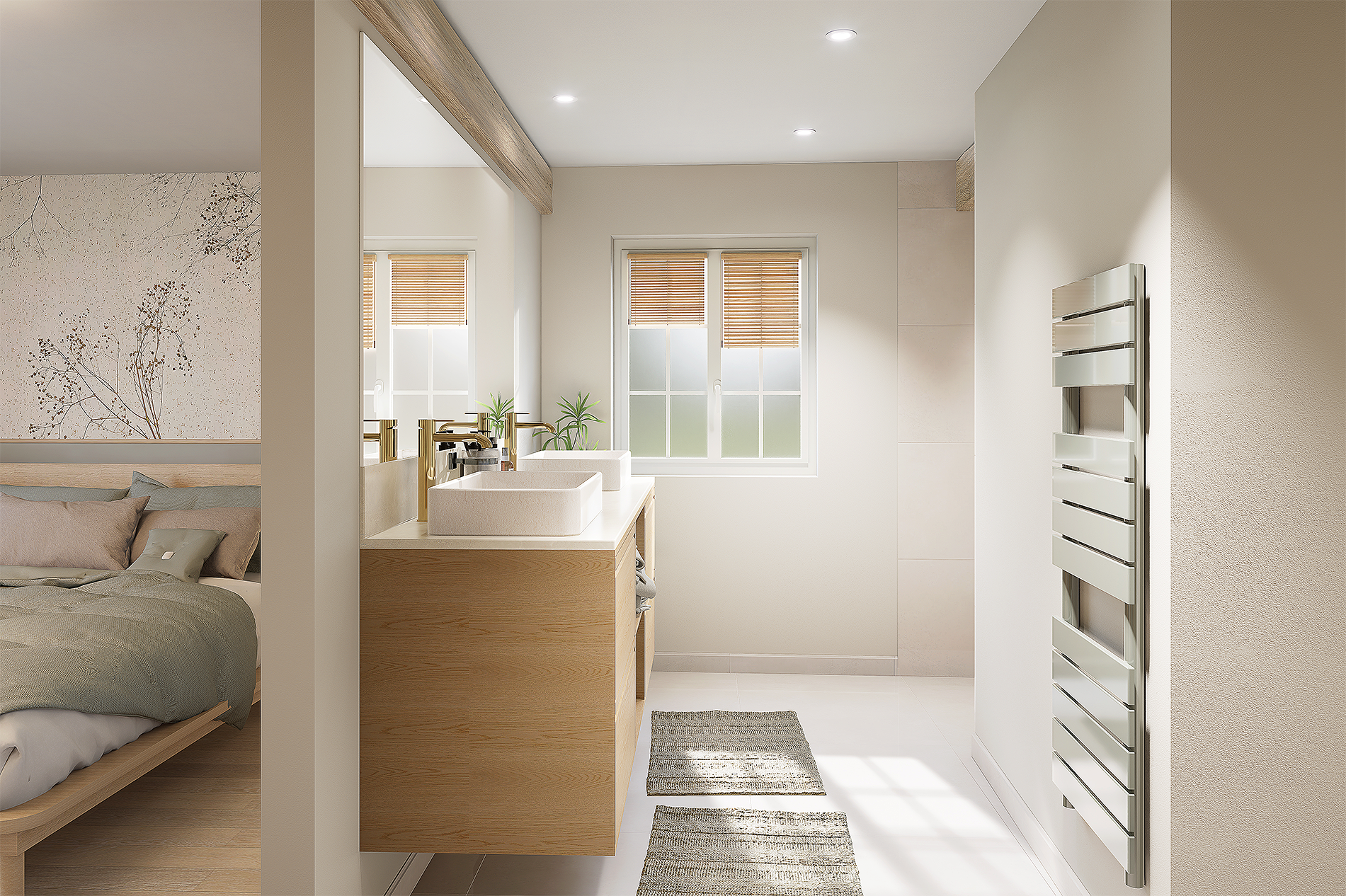 Une chambre avec un espace salle de bain intégré, comprenant une double vasque en béton sur une vasque en bois, avec deux miroirs au-dessus, deux plantes vertes, deux fenêtres avec stores en bois, et un radiateur blanc mural.