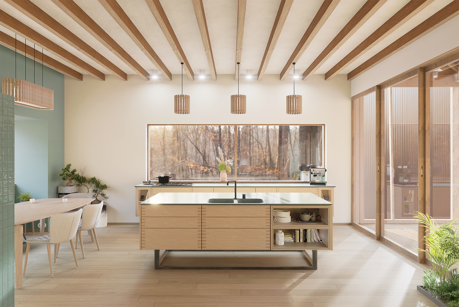 Cuisine moderne avec un îlot en bois clair, grandes fenêtres avec vue sur un jardin d'automne, plafond en bois avec poutres apparentes, éclairage suspendu en bois, espace lumineux avec décoration minimaliste et plantes vertes.