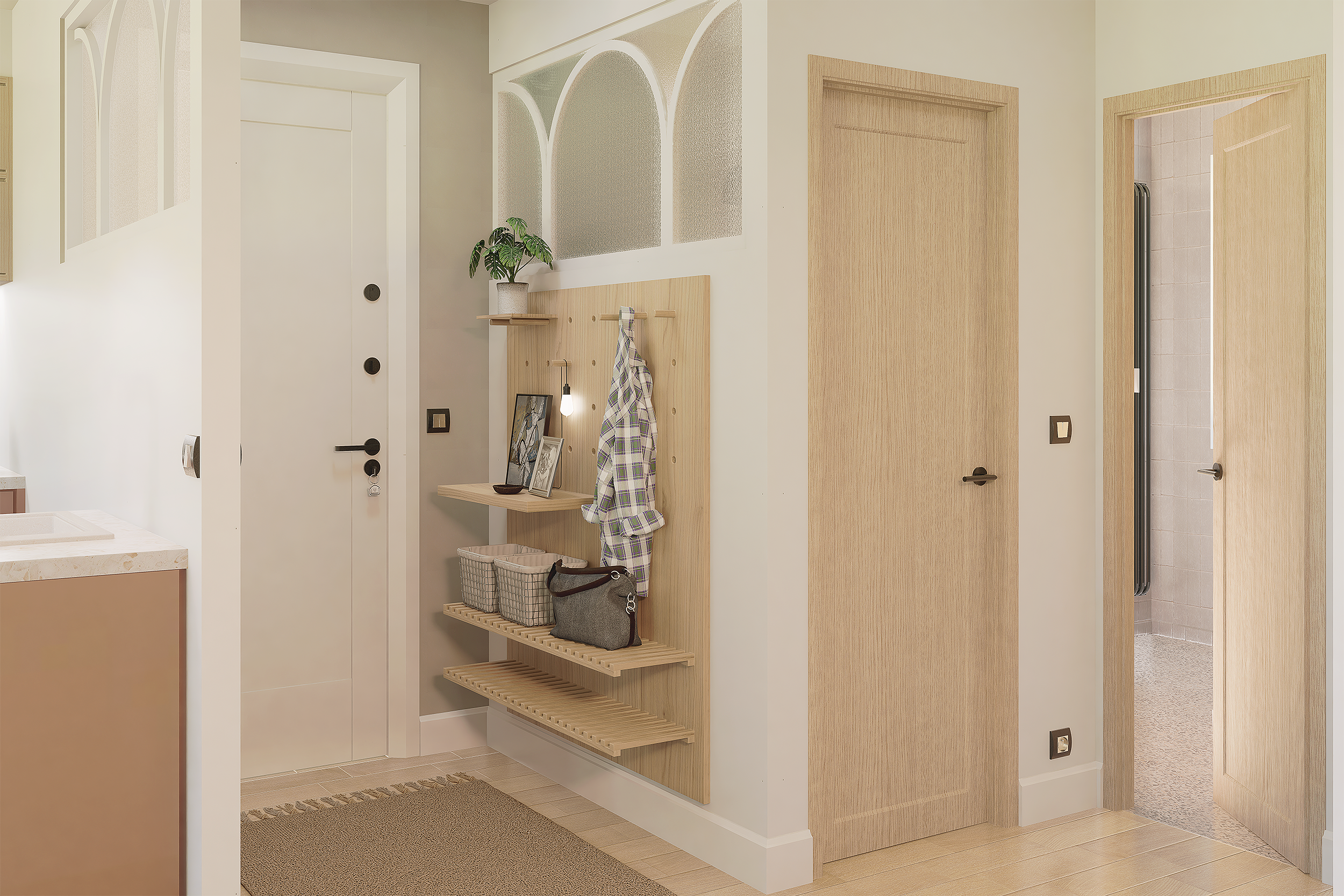 Intérieur d'une entrée moderne avec porte blanche, décor en bois clair, cintres, paniers et accessoires de décoration