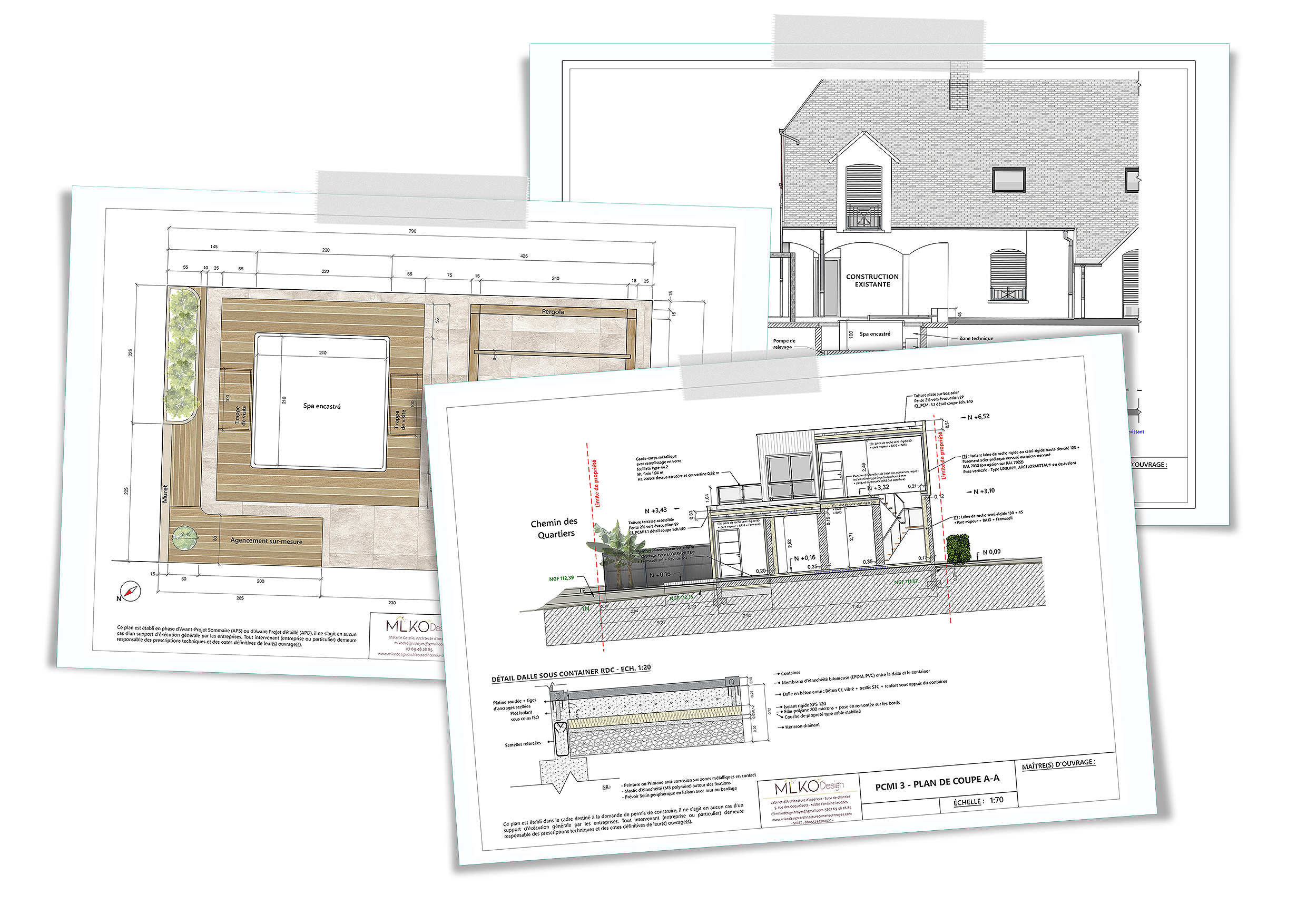 Plans architecturaux de construction et aménagement d'une maison avec détails techniques, sections, et vue en élévation, comprenant un plan de terrasse ou piscine.