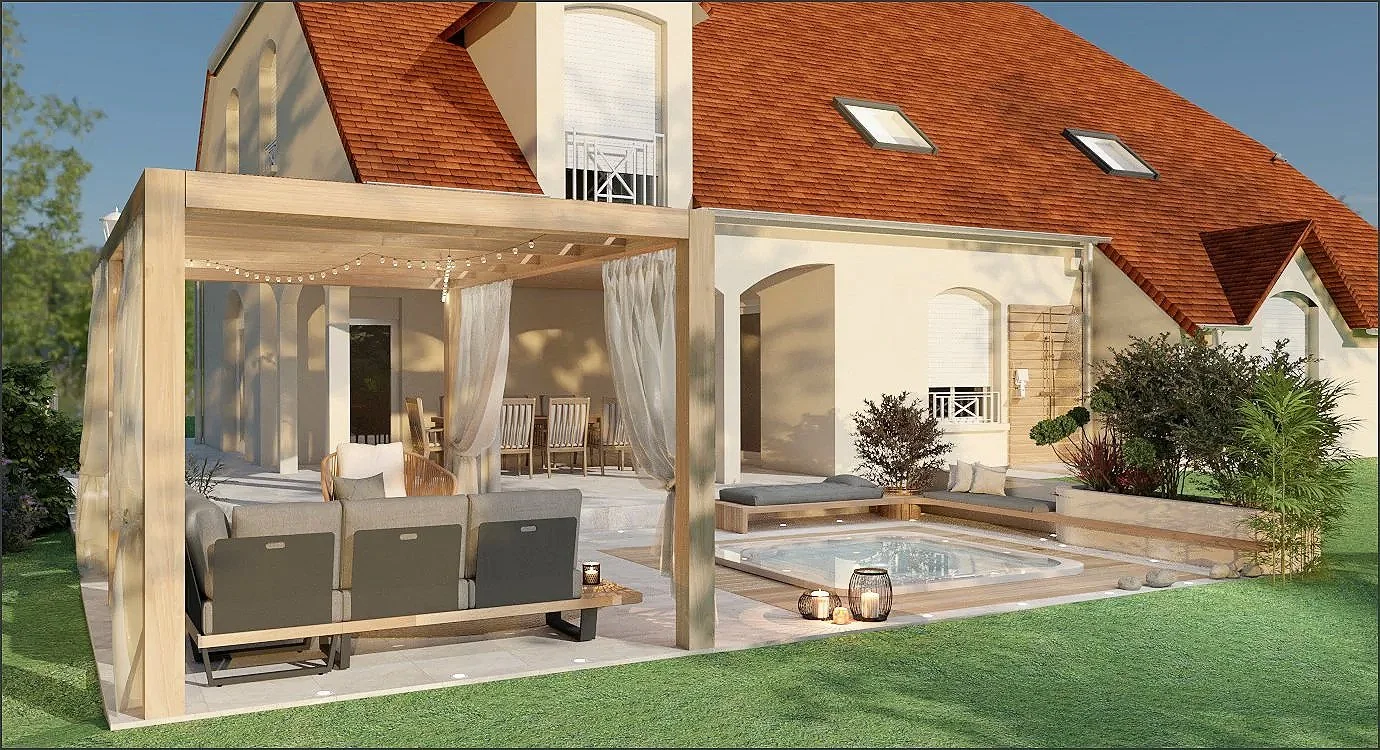 Maison avec toit en tuiles rouges, terrasse avec mobilier de salon, pergola avec guirlandes lumineuses, jacuzzi, jardin avec plantes et arbustes.