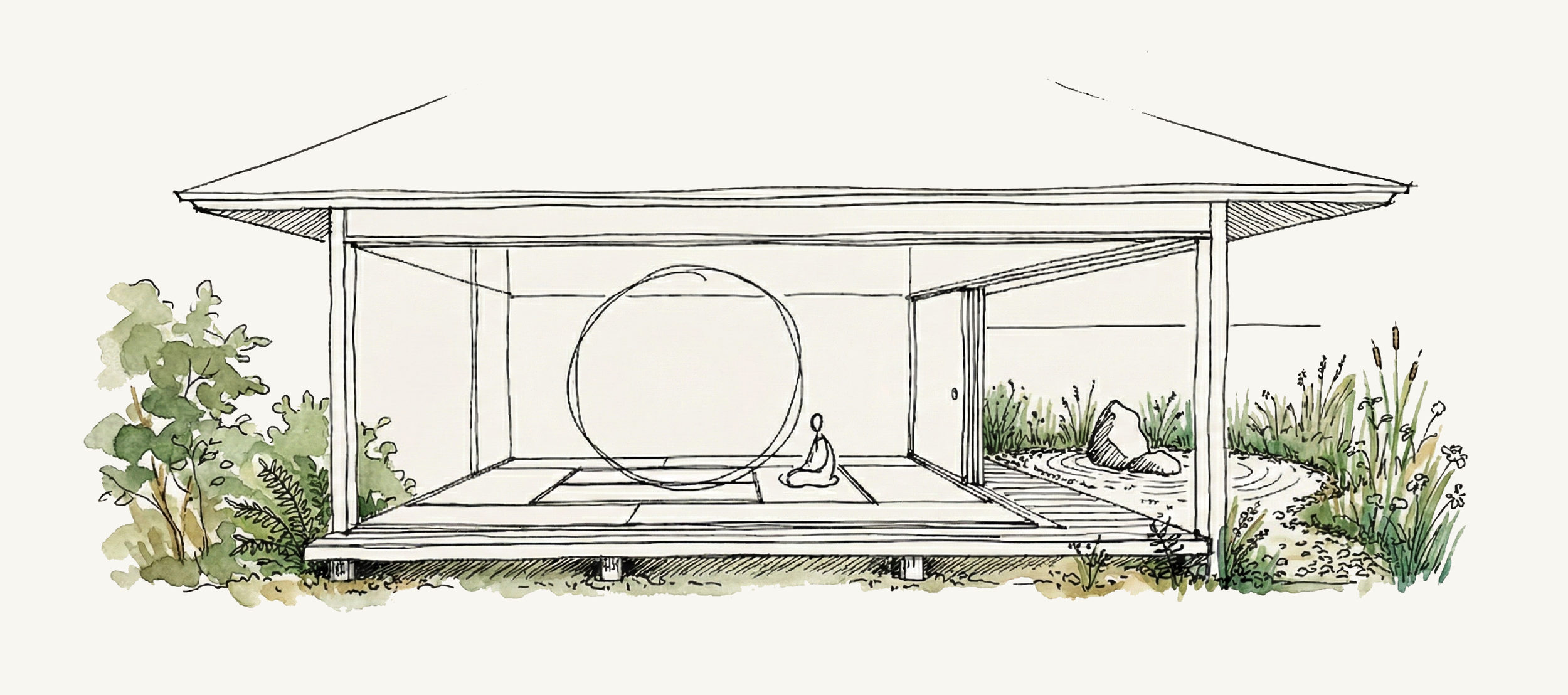 Esquisse d'une structure de style japonais avec un toit en pente, une plateforme en bois, un cercle en métal, une personne assise en méditation, et un jardin avec des plantes et des rochers.