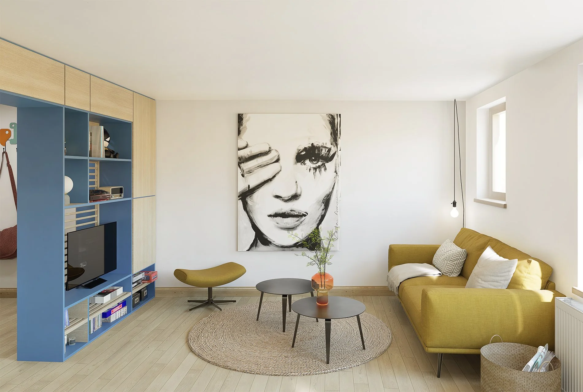 Salon moderne avec canapé jaune, tableau noir et blanc d'une femme, étagère bleue avec télévision, table basse, fauteuil vert, tapis rond, lampe suspendue et fenêtre.