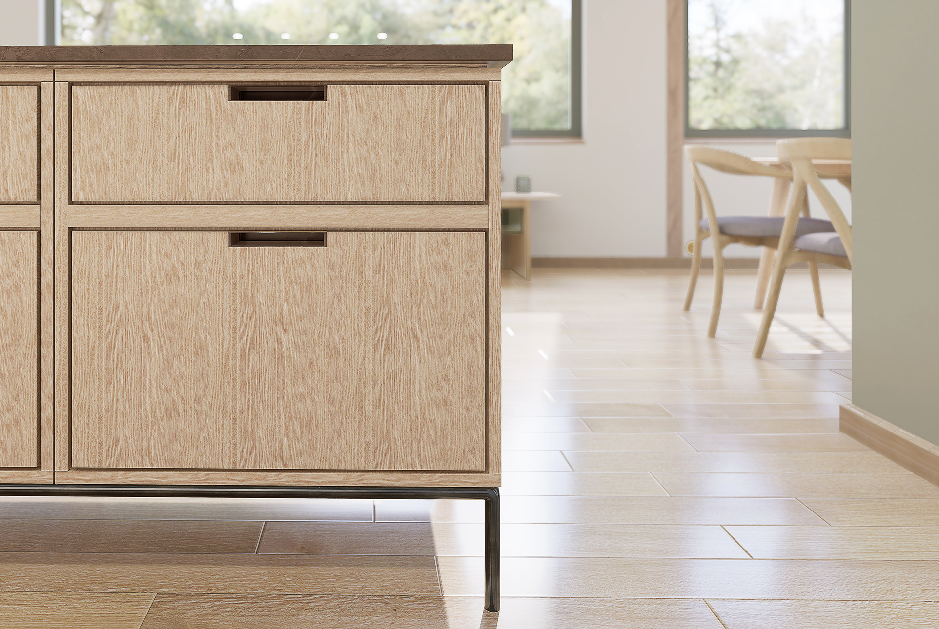 Mobilier en bois clair dans un intérieur lumineux avec fenêtres