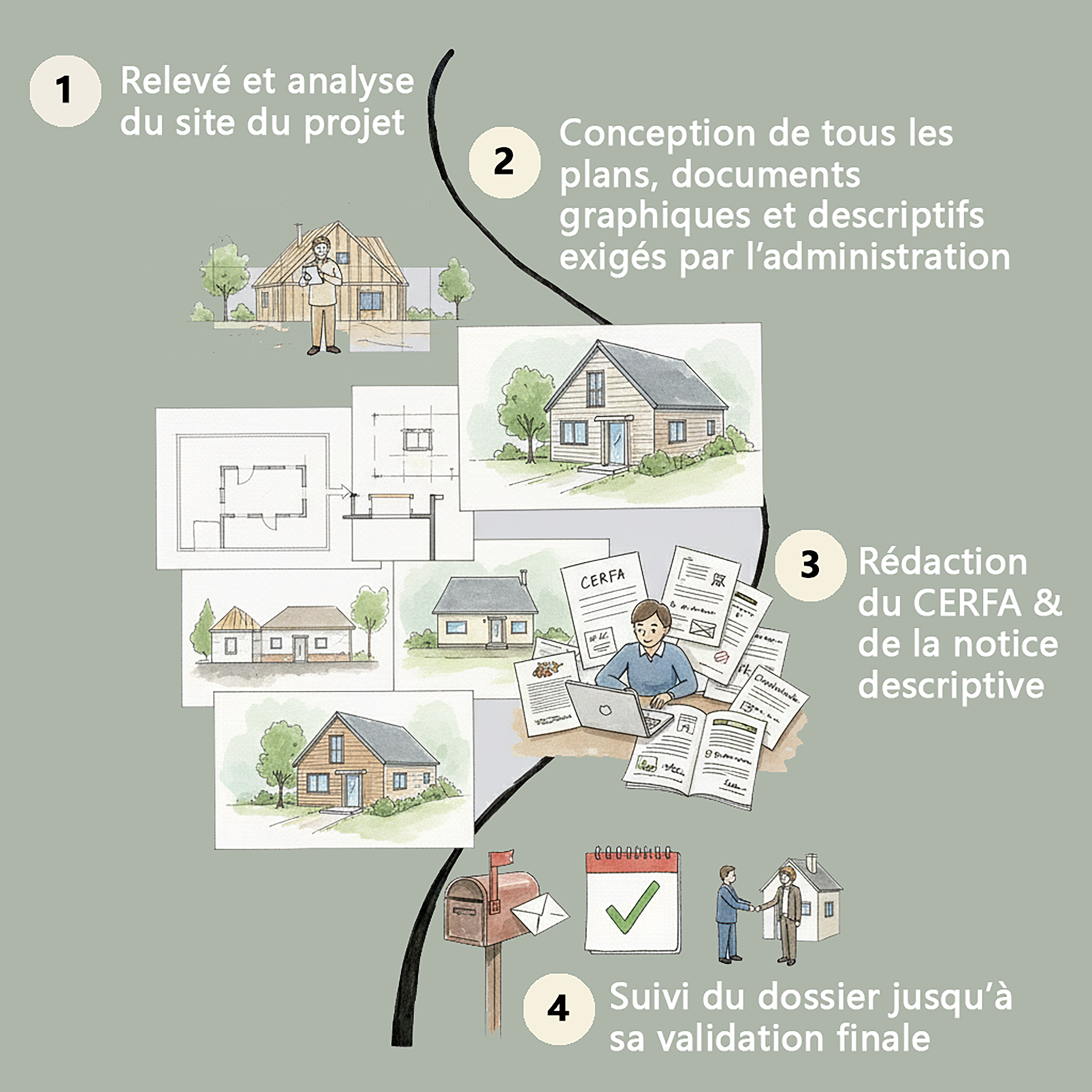 Processus de gestion de projet de construction résidentielle illustré avec étapes : 1. Analyse du site du projet, 2. Conception des plans et documents, 3. Rédaction du CERFA et notice descriptive, 4. Suivi du dossier jusqu'à validation finale.