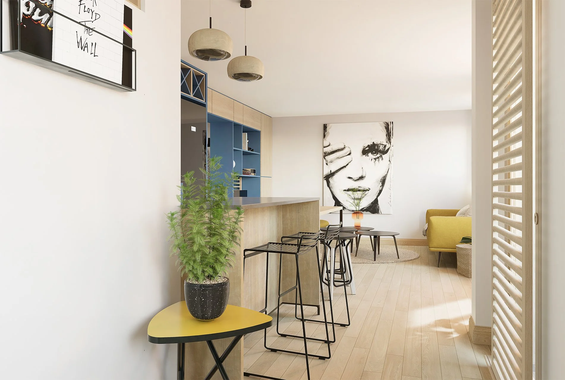 Intérieur moderne d'un appartement avec un mur blanc, une grande peinture abstraite en noir et blanc d'un visage de femme, un canapé jaune, une table basse ronde, un meuble en bois avec des étagères bleues, des lampes suspendues en forme de demi-sphère, une plante verte dans un pot noir sur une petite table jaune.