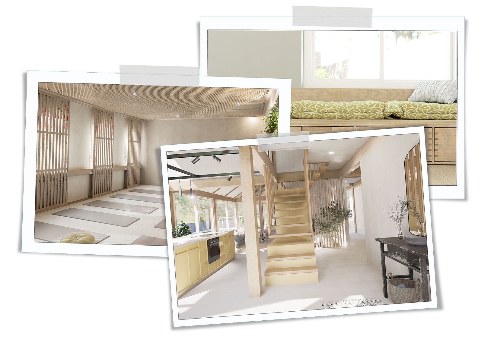 Collage de trois images montrant des espaces intérieur modernes, avec meubles en bois clair, grande fenêtre, cuisine avec plancher en bois, escalier en bois naturel, coin lecture avec banquette et coussins, salle de yoga avec tapis, et décoration minimaliste avec plantes.