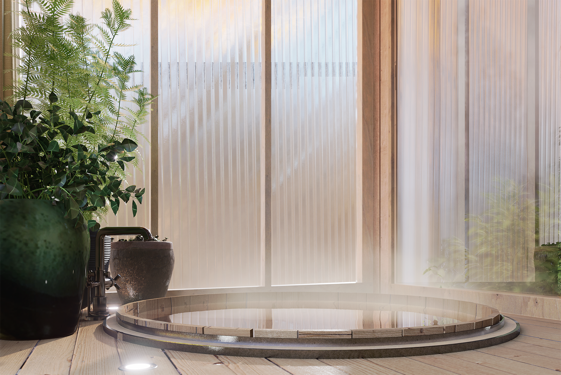 Spa intérieur avec bassin rond en bois, entouré de plantes vertes et lumineux par la lumière naturelle passant par des panneaux translucides.