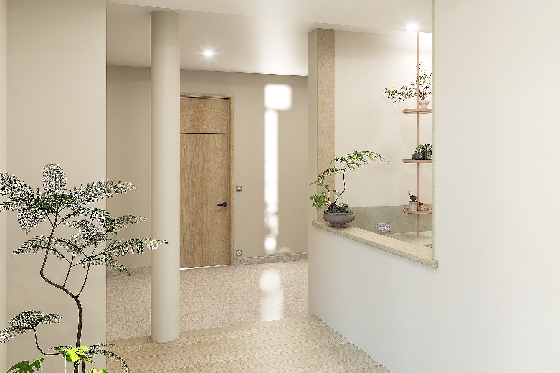Intérieur moderne avec plantes vertes, porte en bois, murs clairs et étagère décorative.