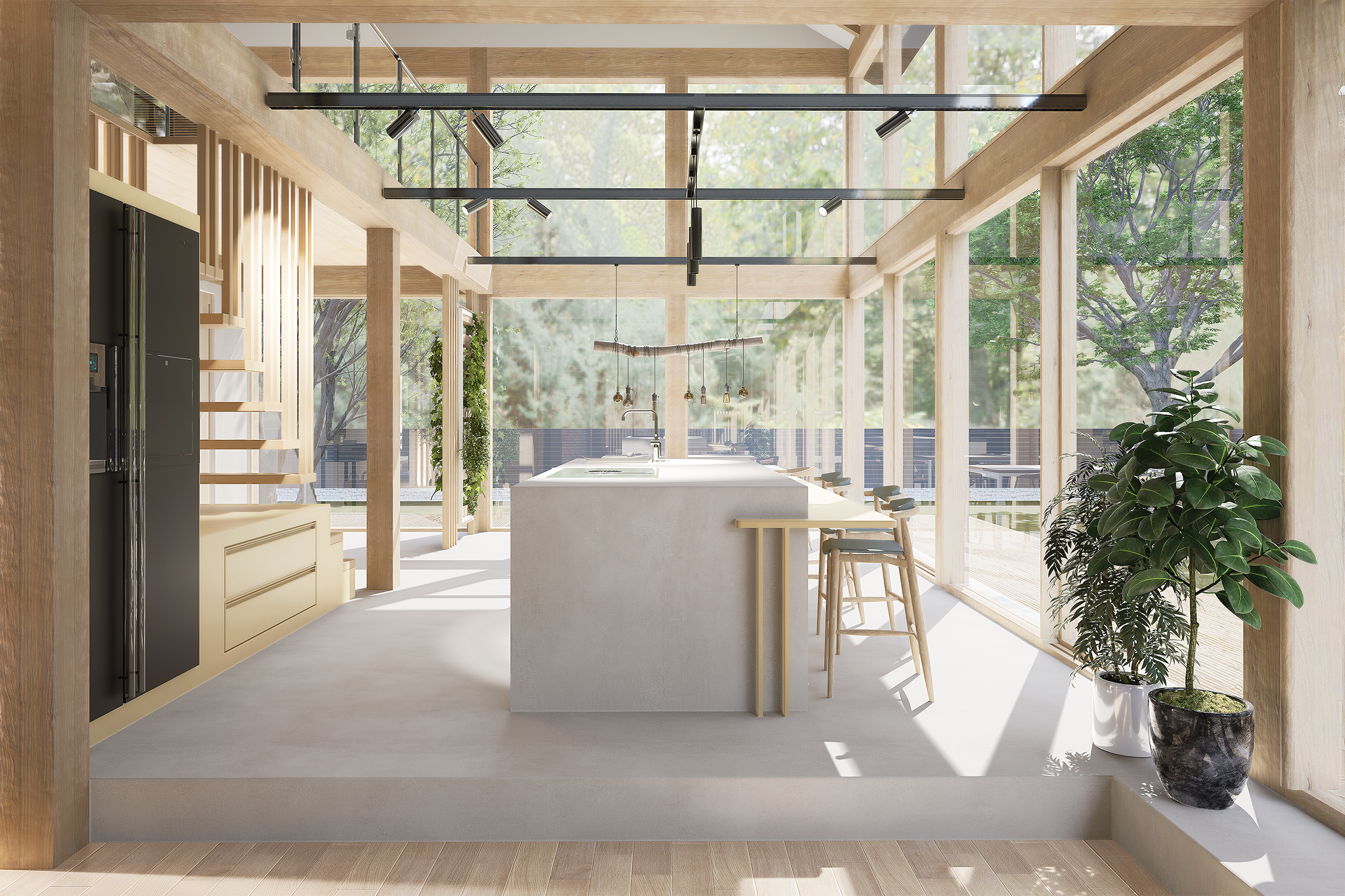 Cuisine lumineuse avec grand îlot central, plans en béton, mobilier en bois clair, grande baie vitrée laissant entrer la lumière naturelle, plantes vertes en pot.