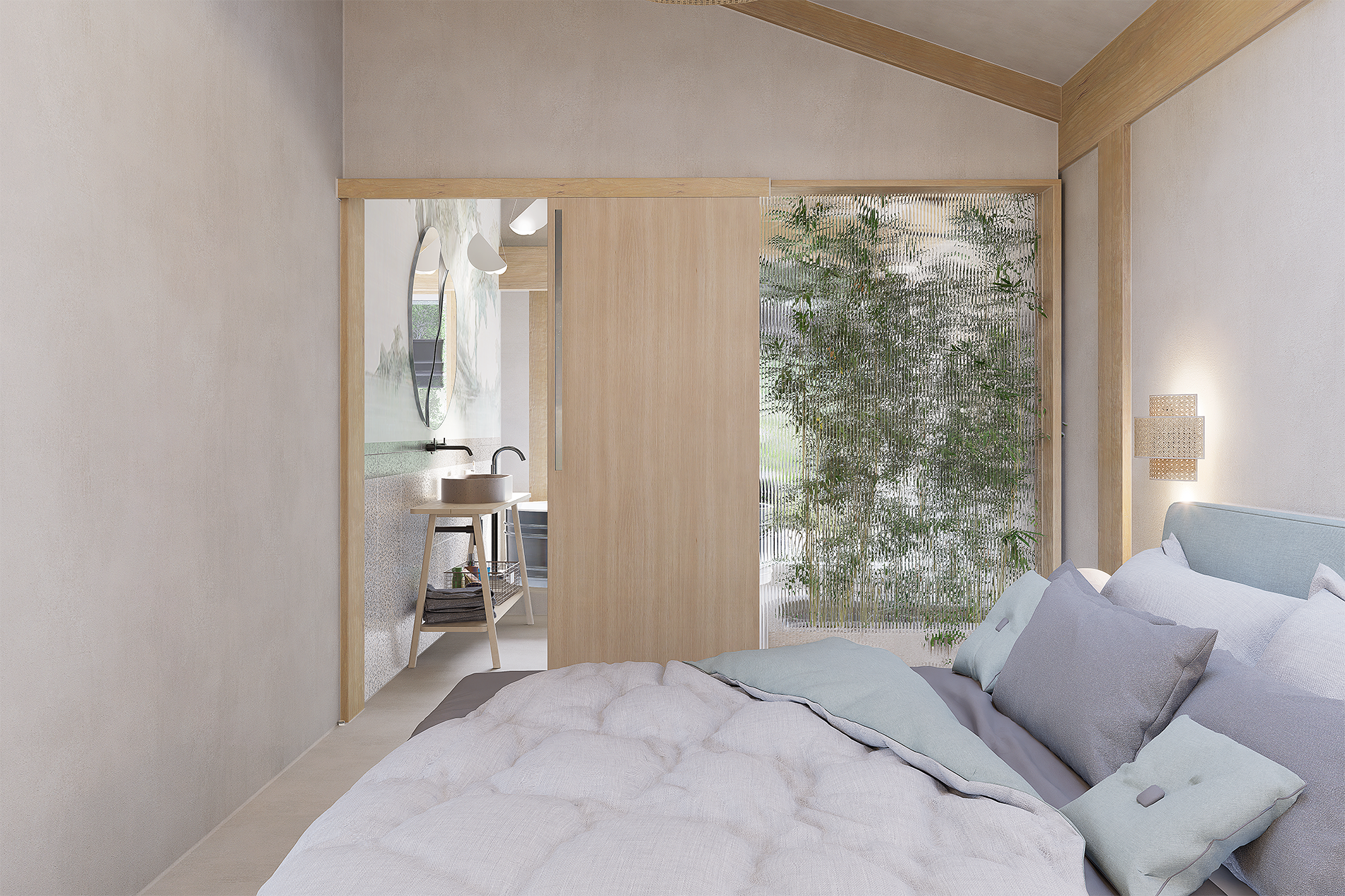 Chambre minimaliste avec un lit, une lampe murale, une paroi en bois avec un arbre derrière, et un espace de vapeur (probablement une salle de bain) visible par une porte coulissante.