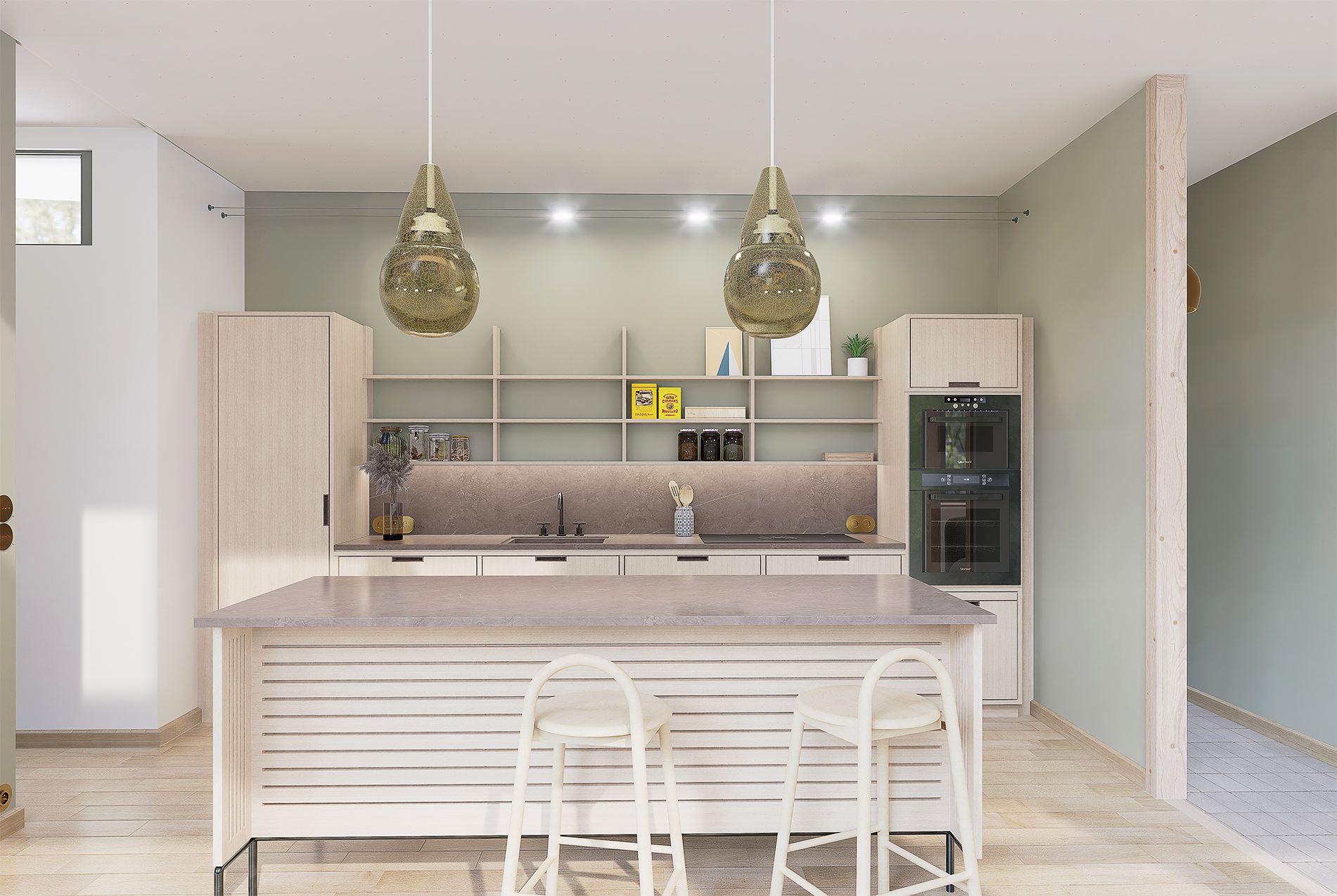 Cuisine moderne avec îlot central, deux chaises, étagères ouvertes et appareils encastrés, décoration minimaliste et luminaires suspendus.