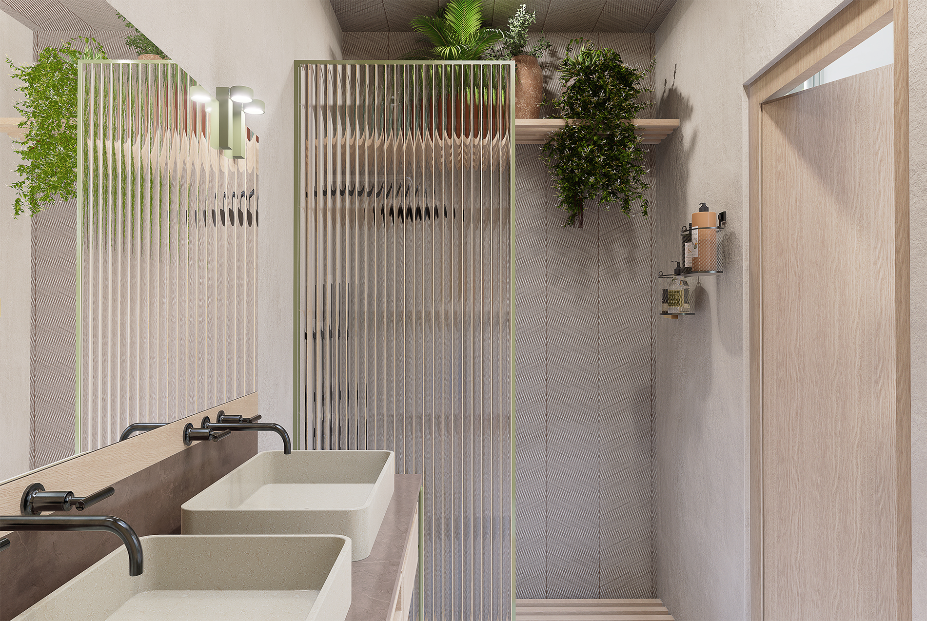 Lavabo double avec robinetteries noires, miroir mural, végétation verte en pots et étagères avec produits de toilette dans une salle de bain moderne