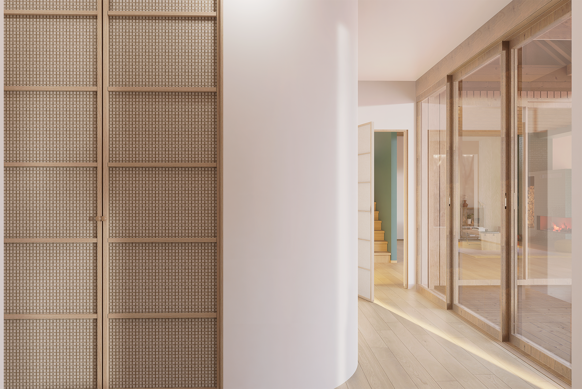 Intérieur moderne avec une cloison en bois, un mur blanc, un sol en bois clair, et des portes en verre avec un cadre en bois naturel.