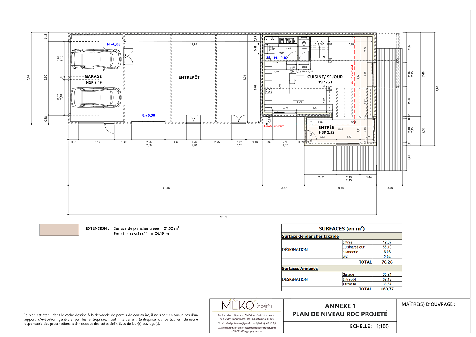 Plan architectural d'une maison avec garage, entrepôt, cuisine, séjour, entrée, buanderie, WC, terrasse, et un espace de stockage, avec plusieurs mesures et annotations techniques.