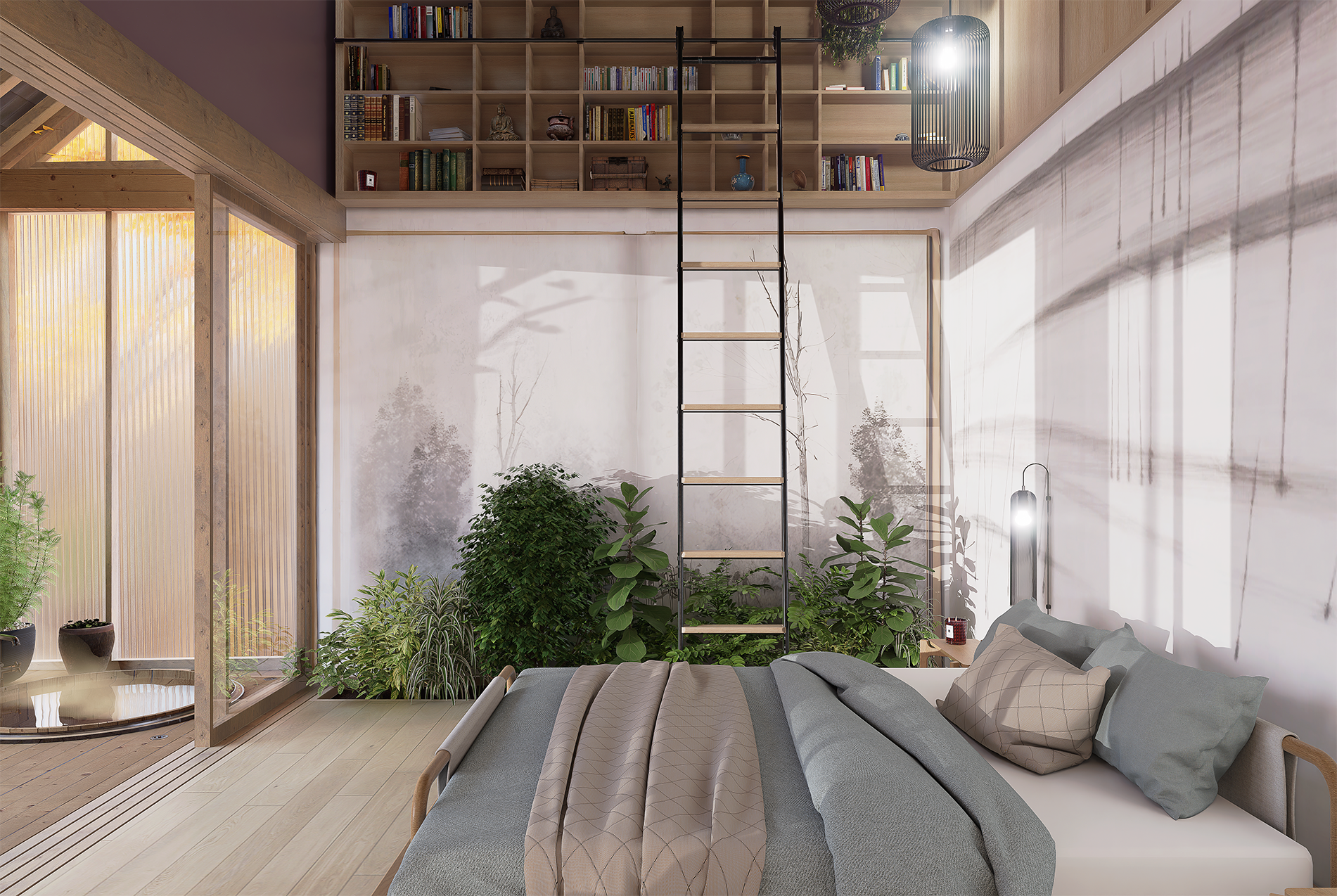 Chambre moderne avec lit, coussins, étagère en hauteur avec livres et décorations, plantes vertes, fenêtre donnant sur un espace extérieur, lumière naturelle