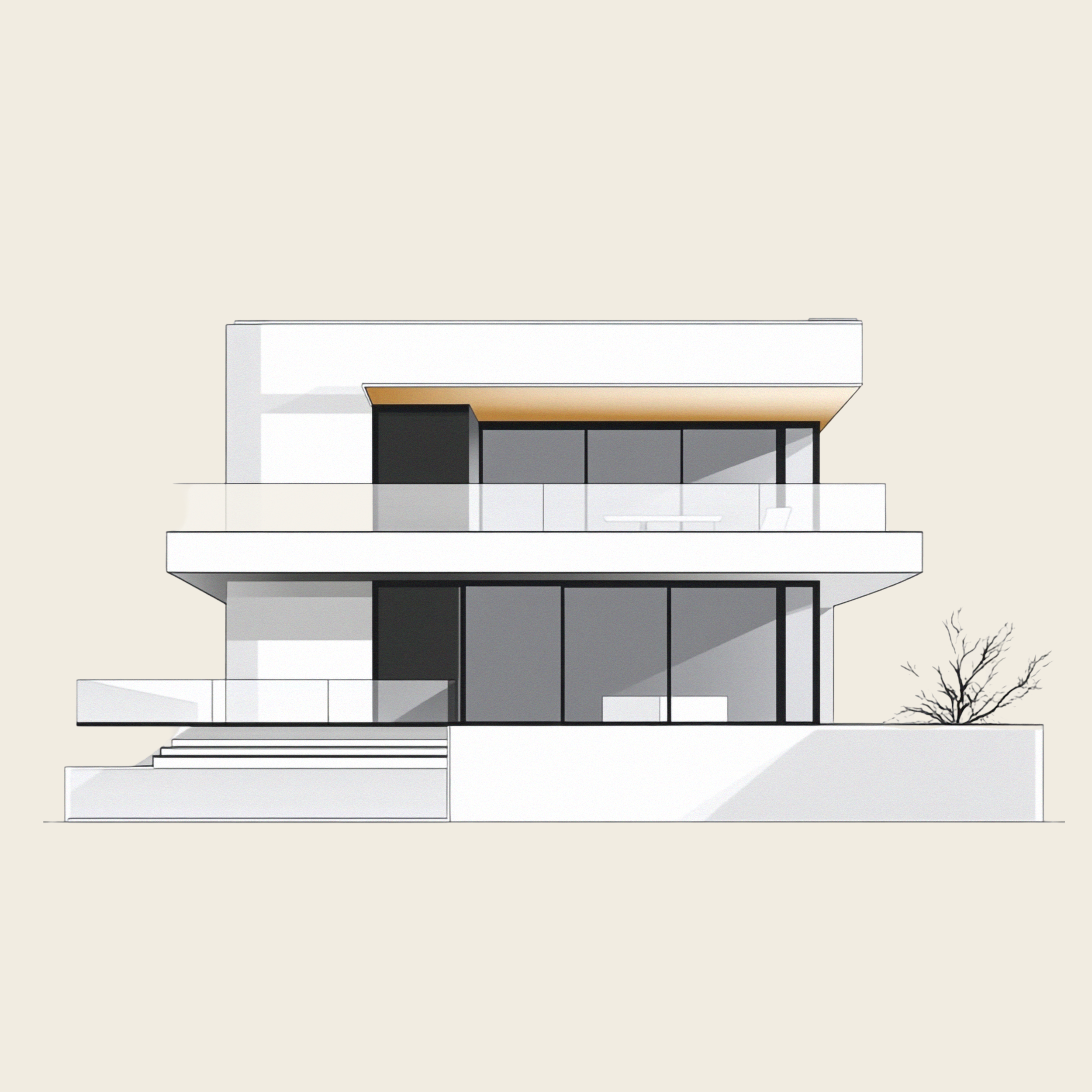 Dessin d'une maison moderne à plusieurs étages avec grandes fenêtres, balcons, et un arbre à côté.